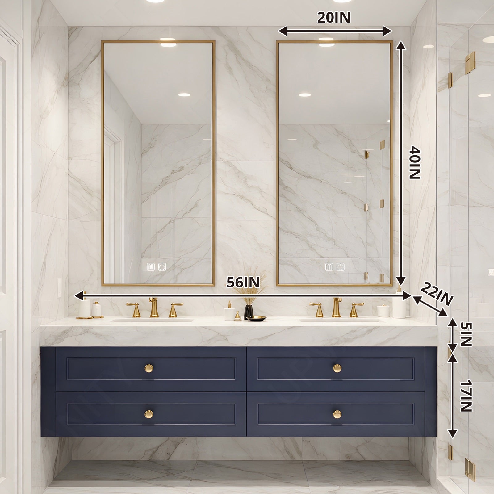 Elegant Bath Vanity Set, Navy, Marble Textured Top, 56"-78", Double, Floating, Gold Accents, Dual Smart LED Mirror
