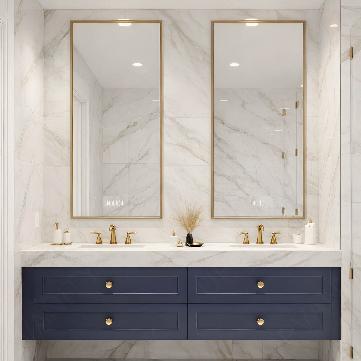 Elegant Bath Vanity Set, Navy, Marble Textured Top, 56"-78", Double, Floating, Gold Accents, Dual Smart LED Mirror