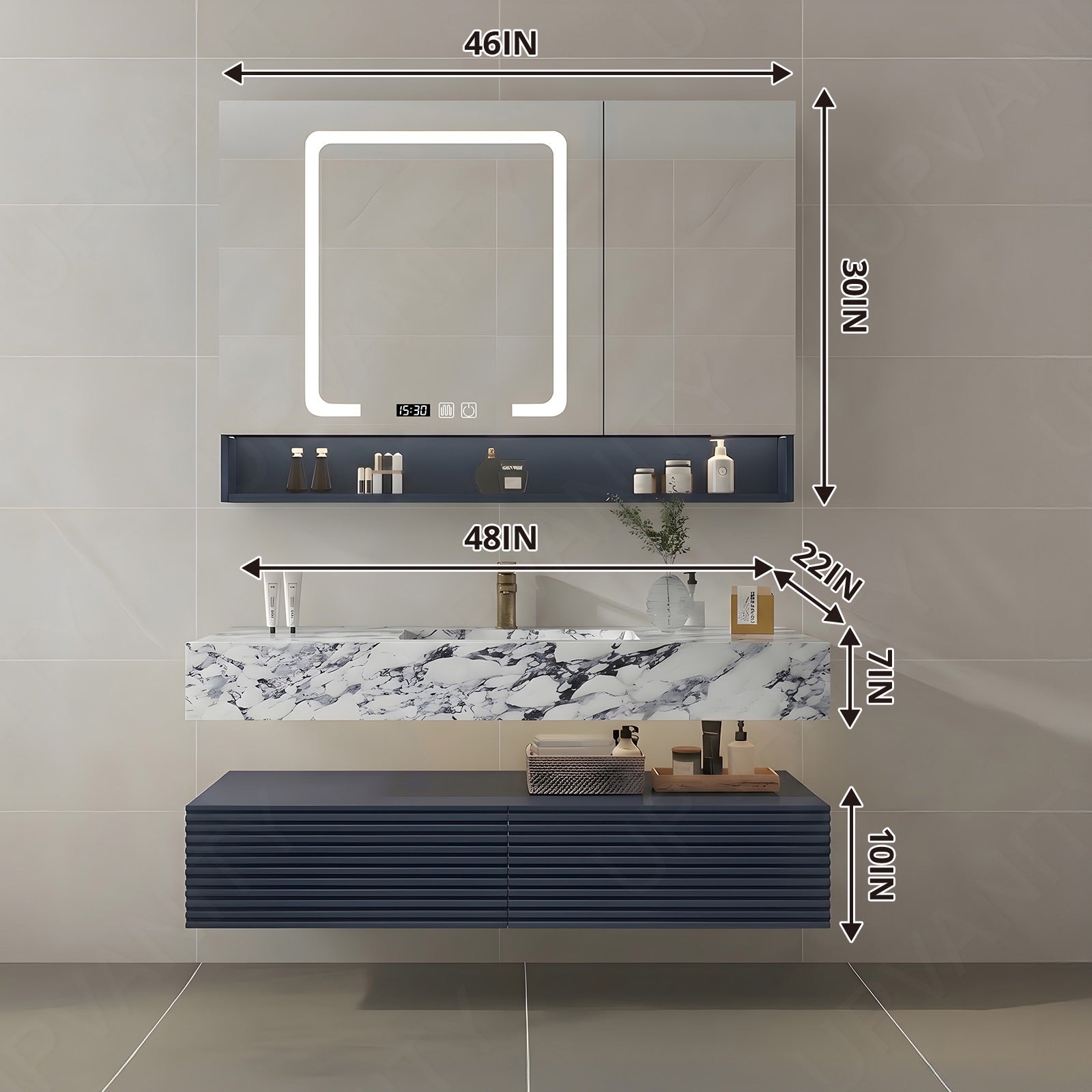 Elegant Bath Vanity Set, Navy, Split White Top, 32"-68", Single/Double, Floating, Open Storage, Smart LED Mirror, Rear Cabinet
