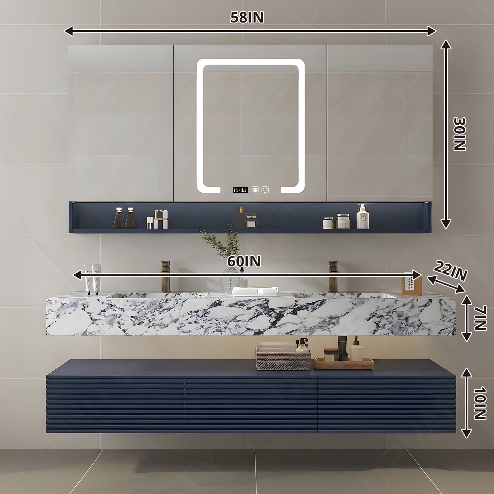 Elegant Bath Vanity Set, Navy, Split White Top, 32"-68", Single/Double, Floating, Open Storage, Smart LED Mirror, Rear Cabinet