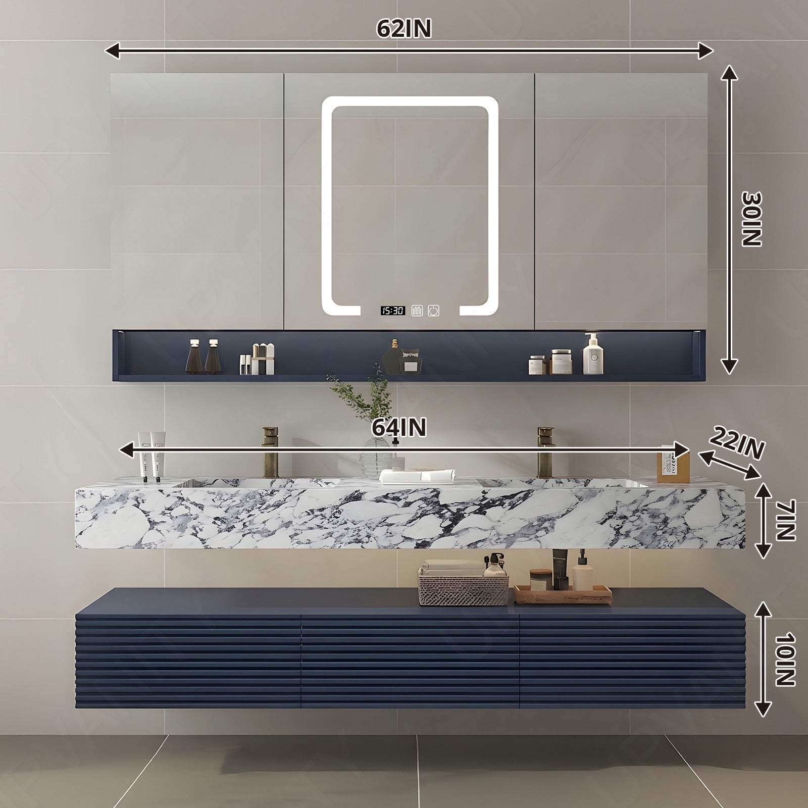 Elegant Bath Vanity Set, Navy, Split White Top, 32"-68", Single/Double, Floating, Open Storage, Smart LED Mirror, Rear Cabinet