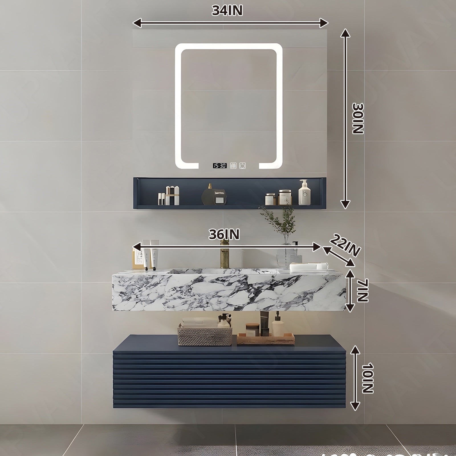 Elegant Bath Vanity Set, Navy, Split White Top, 32"-68", Single/Double, Floating, Open Storage, Smart LED Mirror, Rear Cabinet