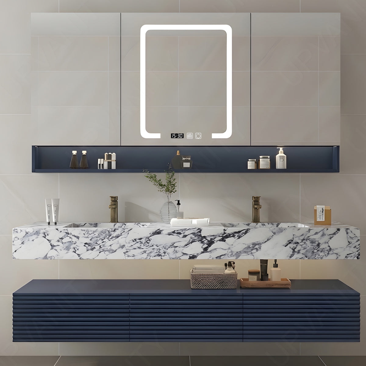 Elegant Bath Vanity Set, Navy, Split White Top, 32"-68", Single/Double, Floating, Open Storage, Smart LED Mirror, Rear Cabinet
