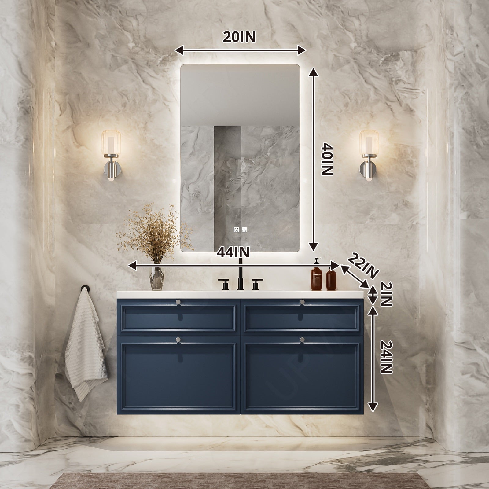 Elegant Bath Vanity Set, Navy, White Slate Top, 40"-64", Single, Floating, Spacious Storage, Smart LED Mirror