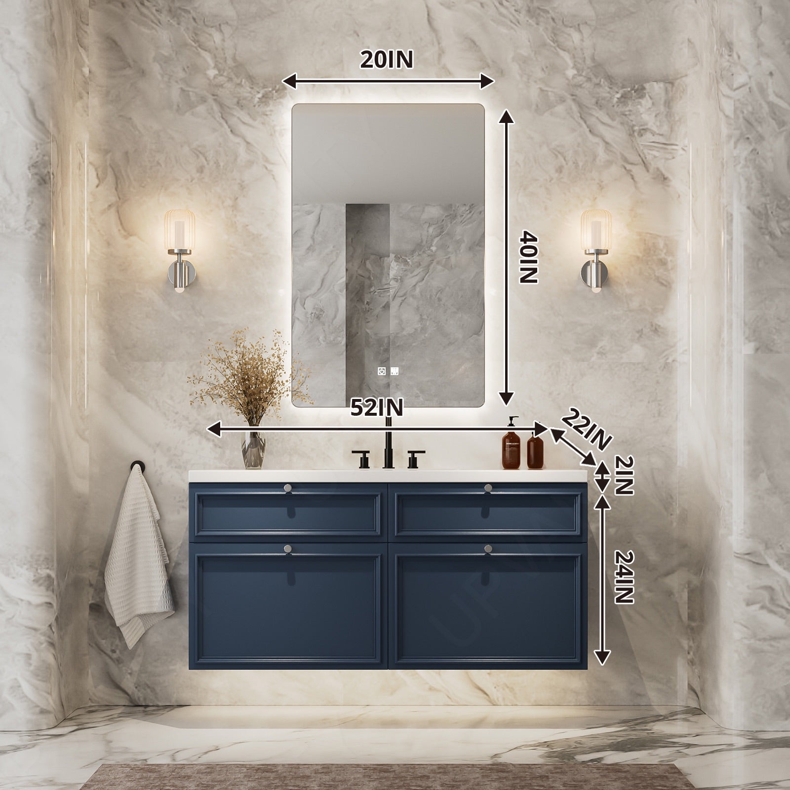 Elegant Bath Vanity Set, Navy, White Slate Top, 40"-64", Single, Floating, Spacious Storage, Smart LED Mirror