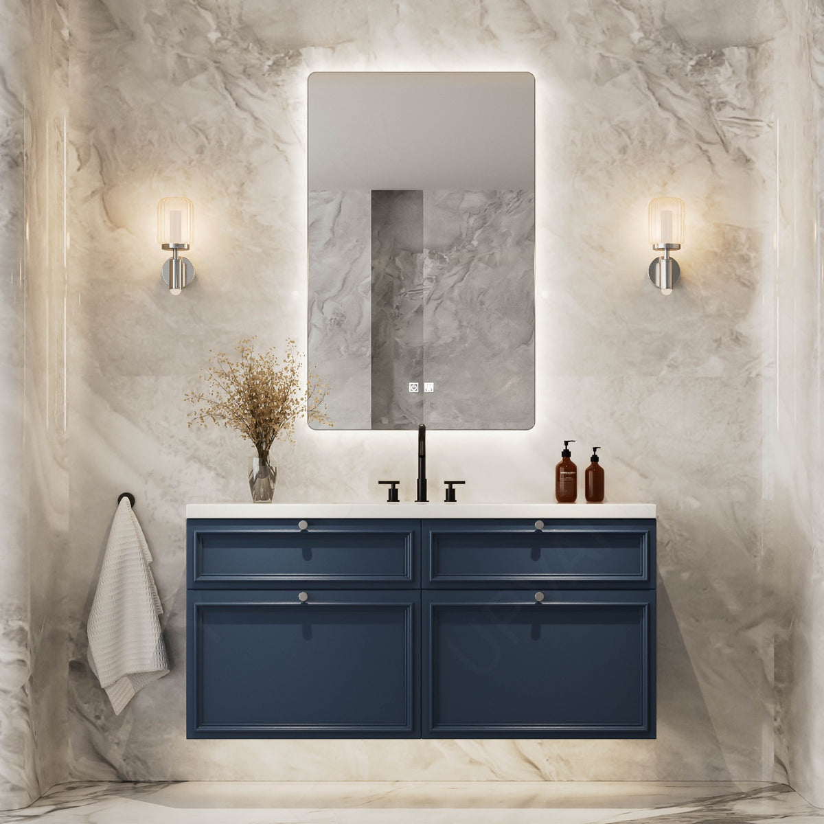 Elegant Bath Vanity Set, Navy, White Slate Top, 40"-64", Single, Floating, Spacious Storage, Smart LED Mirror