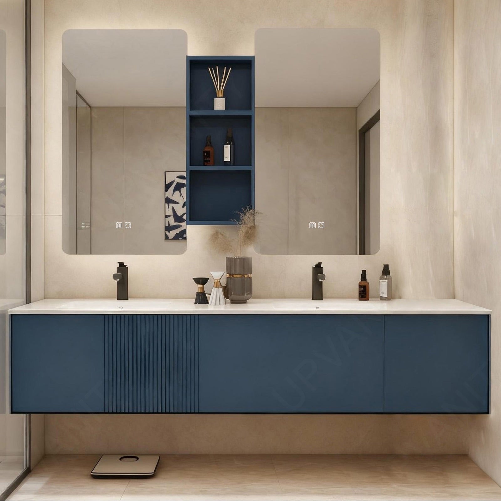 Elegant Bath Vanity Set, Navy, White Slate Top, 56"-78", Double, Floating, Dual Smart LED Mirror, Side Cabinet