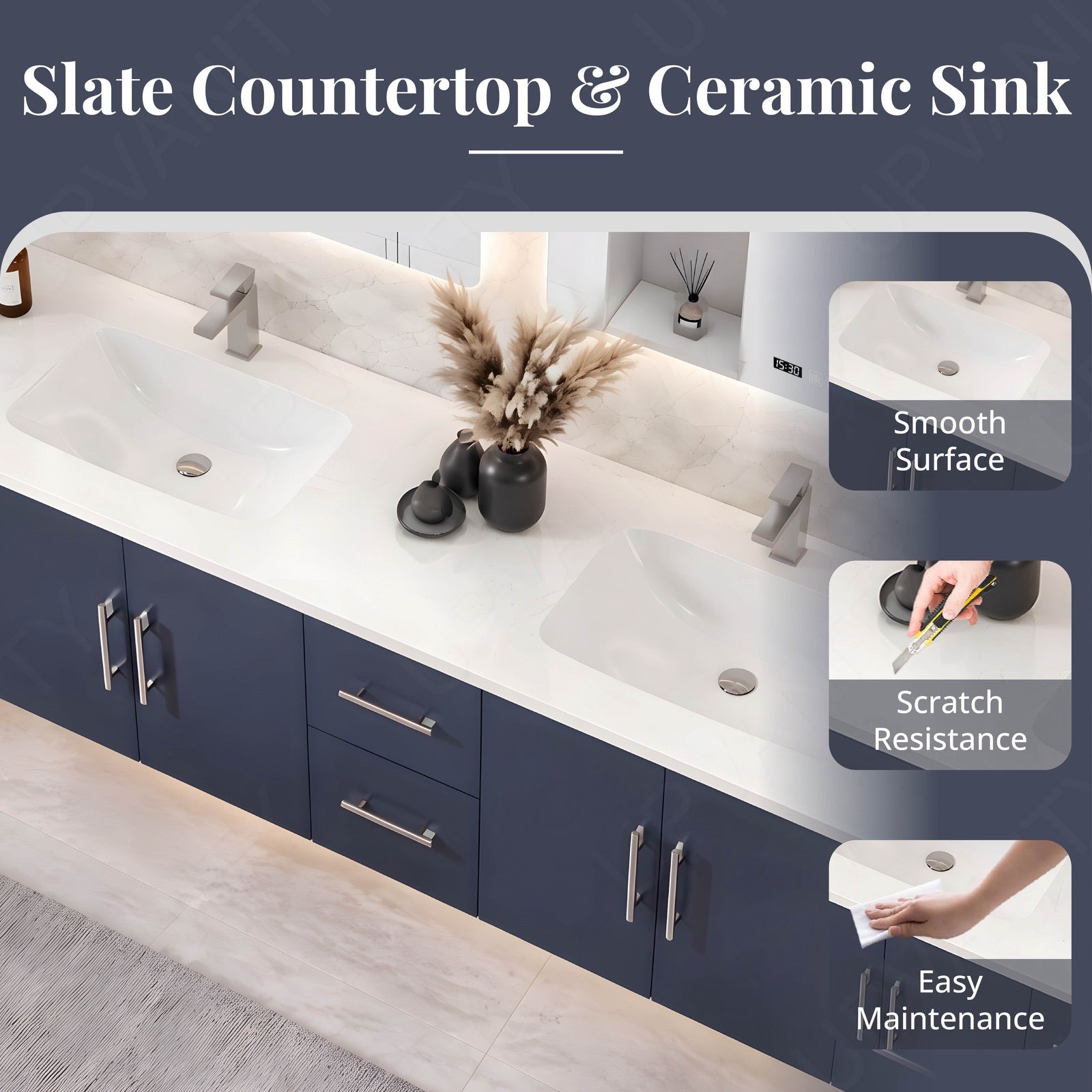 Elegant Bath Vanity Set, Navy, White Slate Top, 80"-104", Double, Floating, Silver Accents, Dual Smart LED Mirror