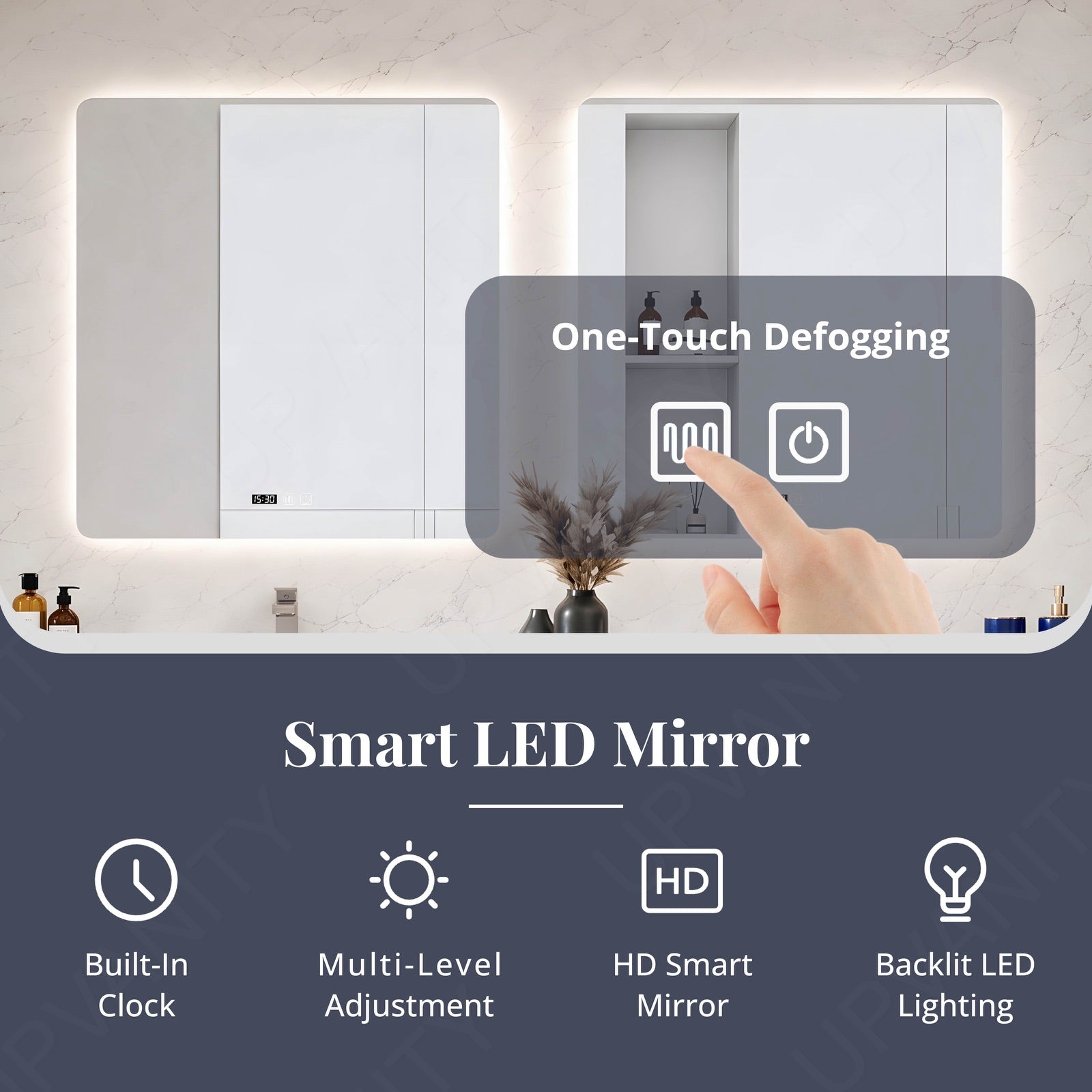 Elegant Bath Vanity Set, Navy, White Slate Top, 80"-104", Double, Floating, Silver Accents, Dual Smart LED Mirror