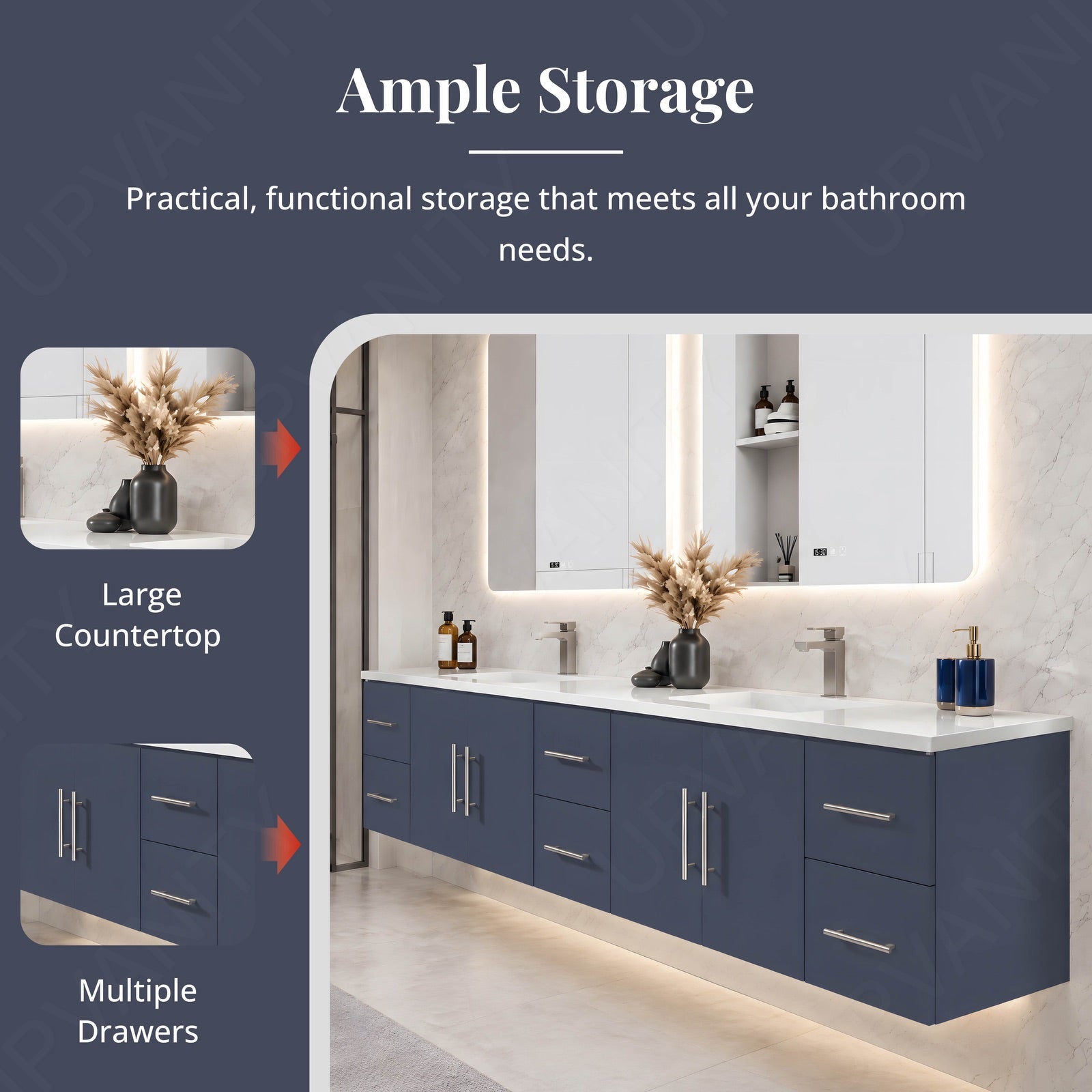 Elegant Bath Vanity Set, Navy, White Slate Top, 80"-104", Double, Floating, Silver Accents, Dual Smart LED Mirror