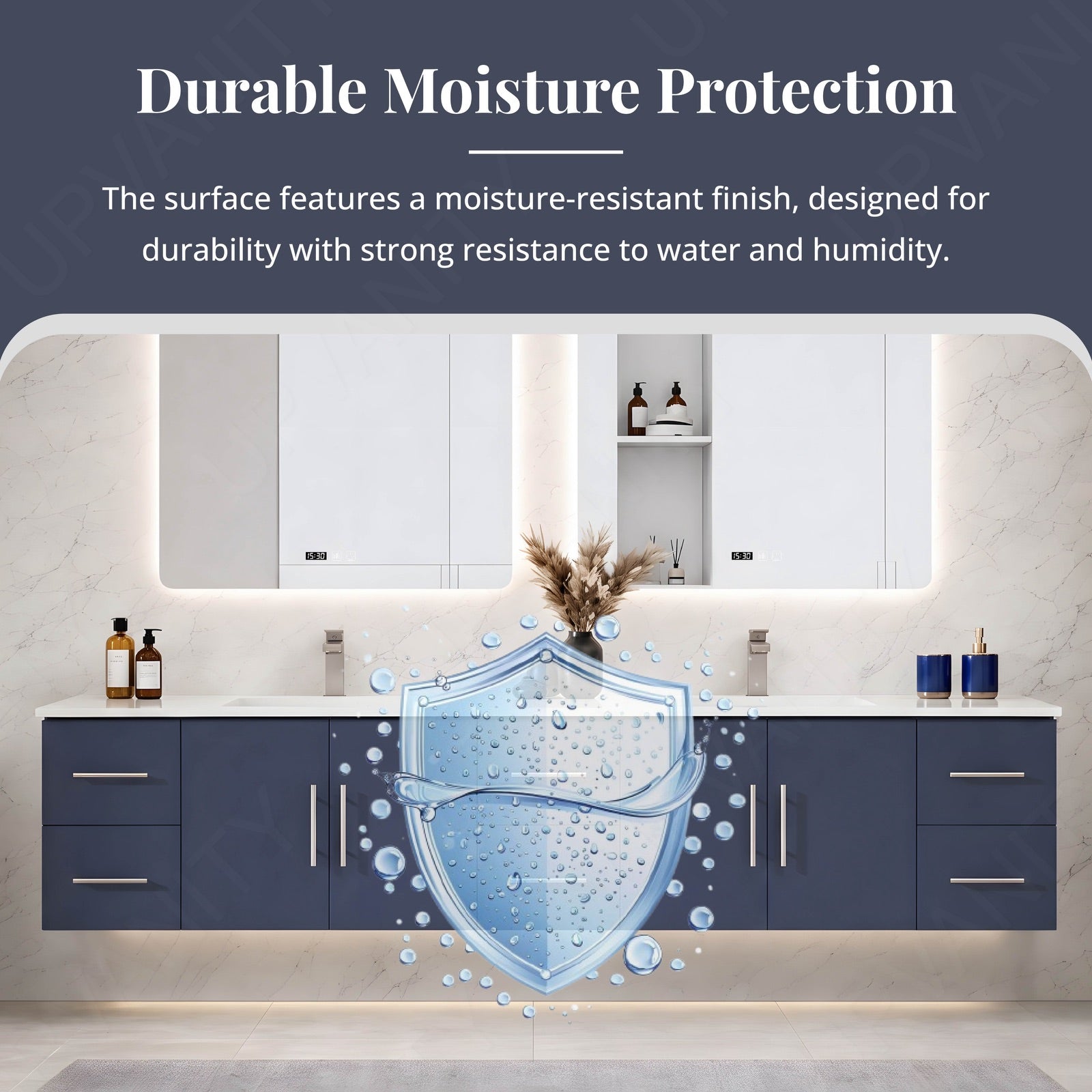 Elegant Bath Vanity Set, Navy, White Slate Top, 80"-104", Double, Floating, Silver Accents, Dual Smart LED Mirror