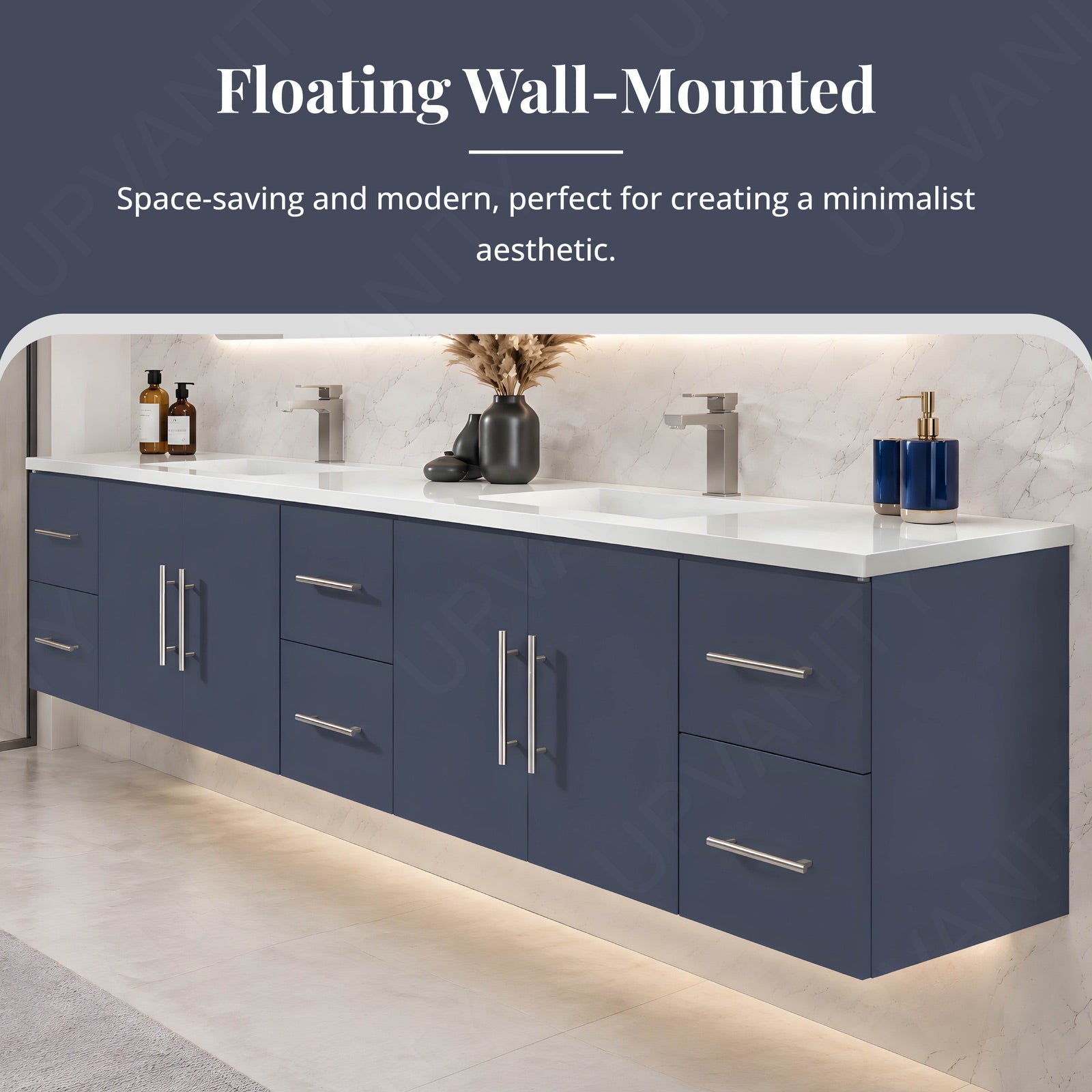 Elegant Bath Vanity Set, Navy, White Slate Top, 80"-104", Double, Floating, Silver Accents, Dual Smart LED Mirror