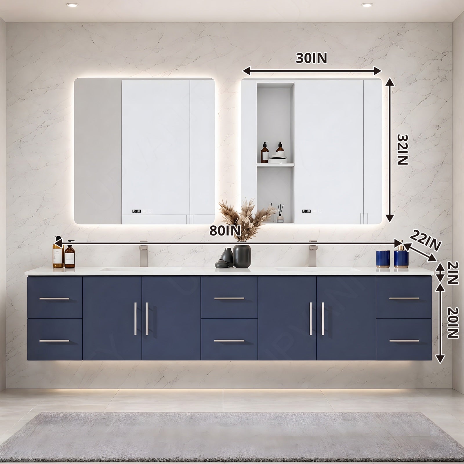 Elegant Bath Vanity Set, Navy, White Slate Top, 80"-104", Double, Floating, Silver Accents, Dual Smart LED Mirror
