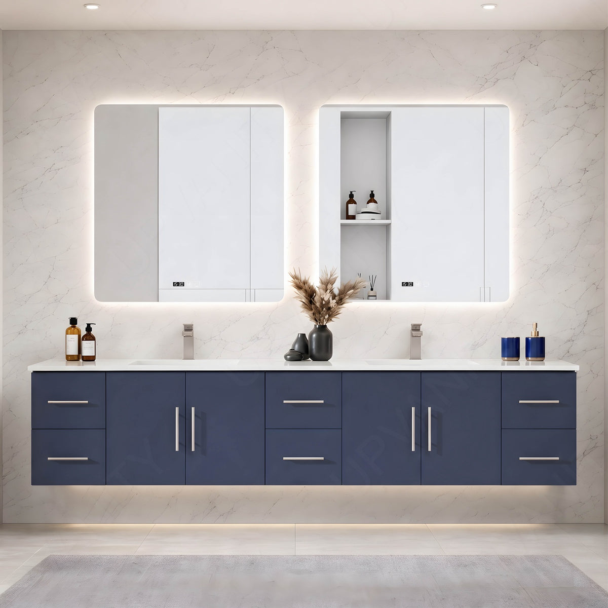 Elegant Bath Vanity Set, Navy, White Slate Top, 80"-104", Double, Floating, Silver Accents, Dual Smart LED Mirror