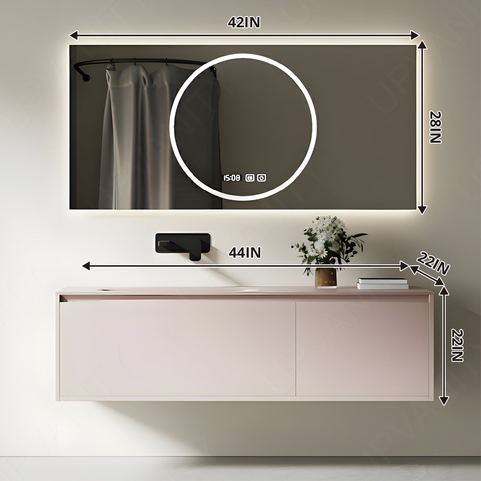 Elegant  Bath Vanity Set, Pink, Pink Slate Top, 40"-60", Single, Floating, Sectional Storage, Smart LED Mirror
