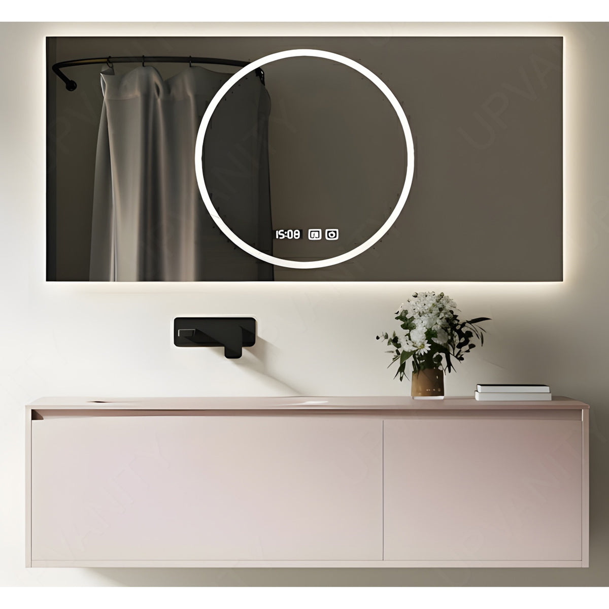 Elegant  Bath Vanity Set, Pink, Pink Slate Top, 40"-60", Single, Floating, Sectional Storage, Smart LED Mirror