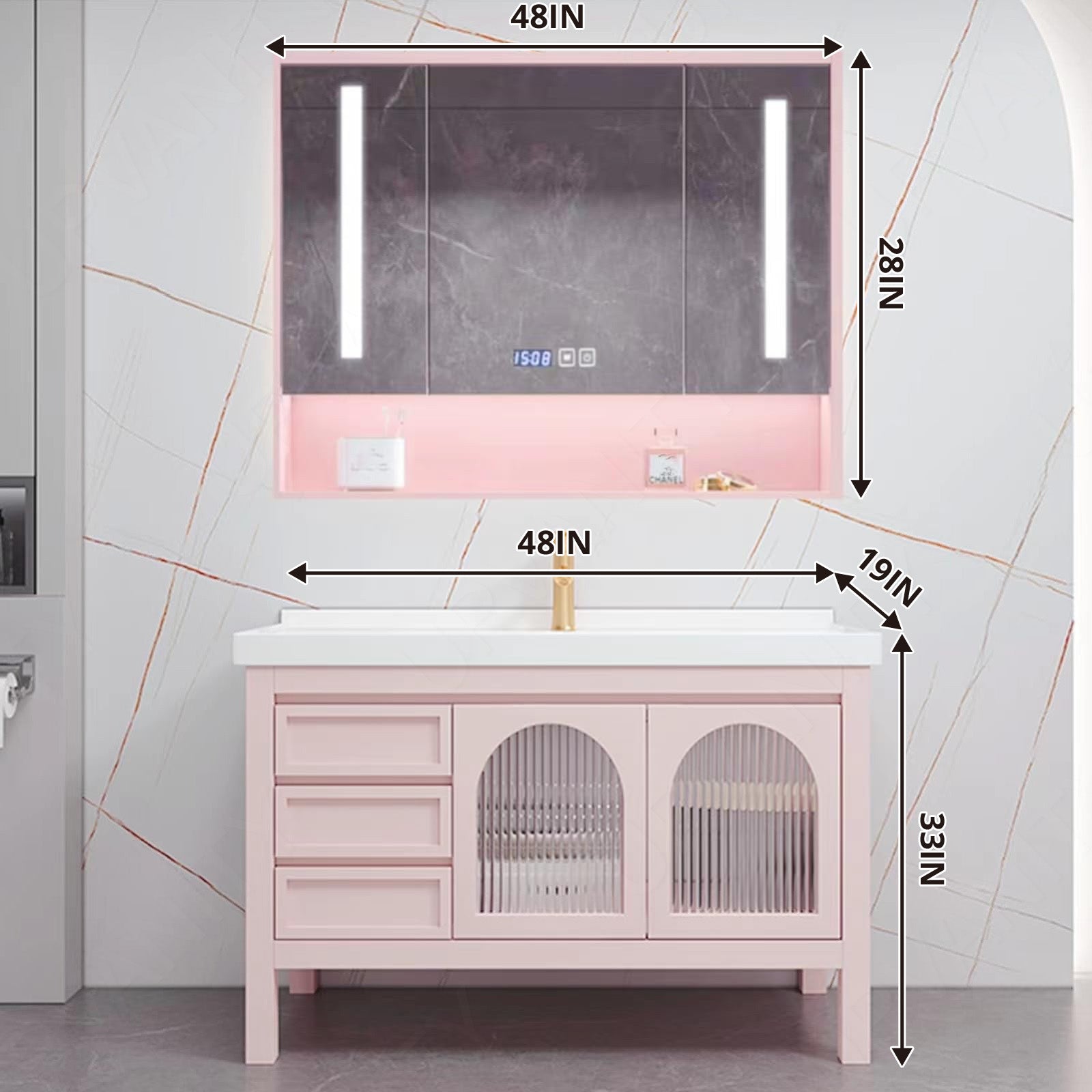 Elegant Bath Vanity Set, Pink, Sectional Storage, 44"-48", Single, Freestanding, Glass Door, Smart LED Mirror, Rear Cabinet
