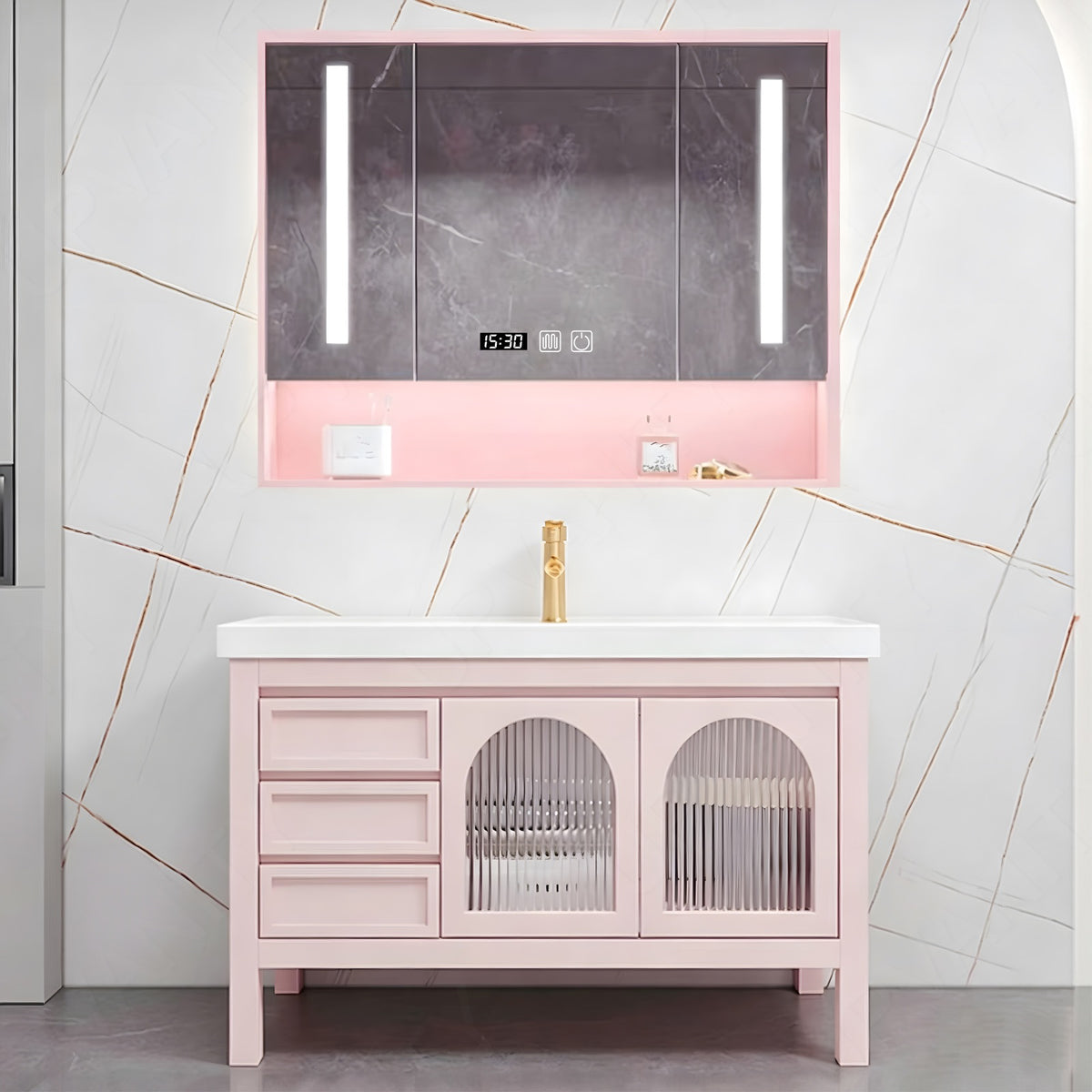 Elegant Bath Vanity Set, Pink, Sectional Storage, 44"-48", Single, Freestanding, Glass Door, Smart LED Mirror, Rear Cabinet