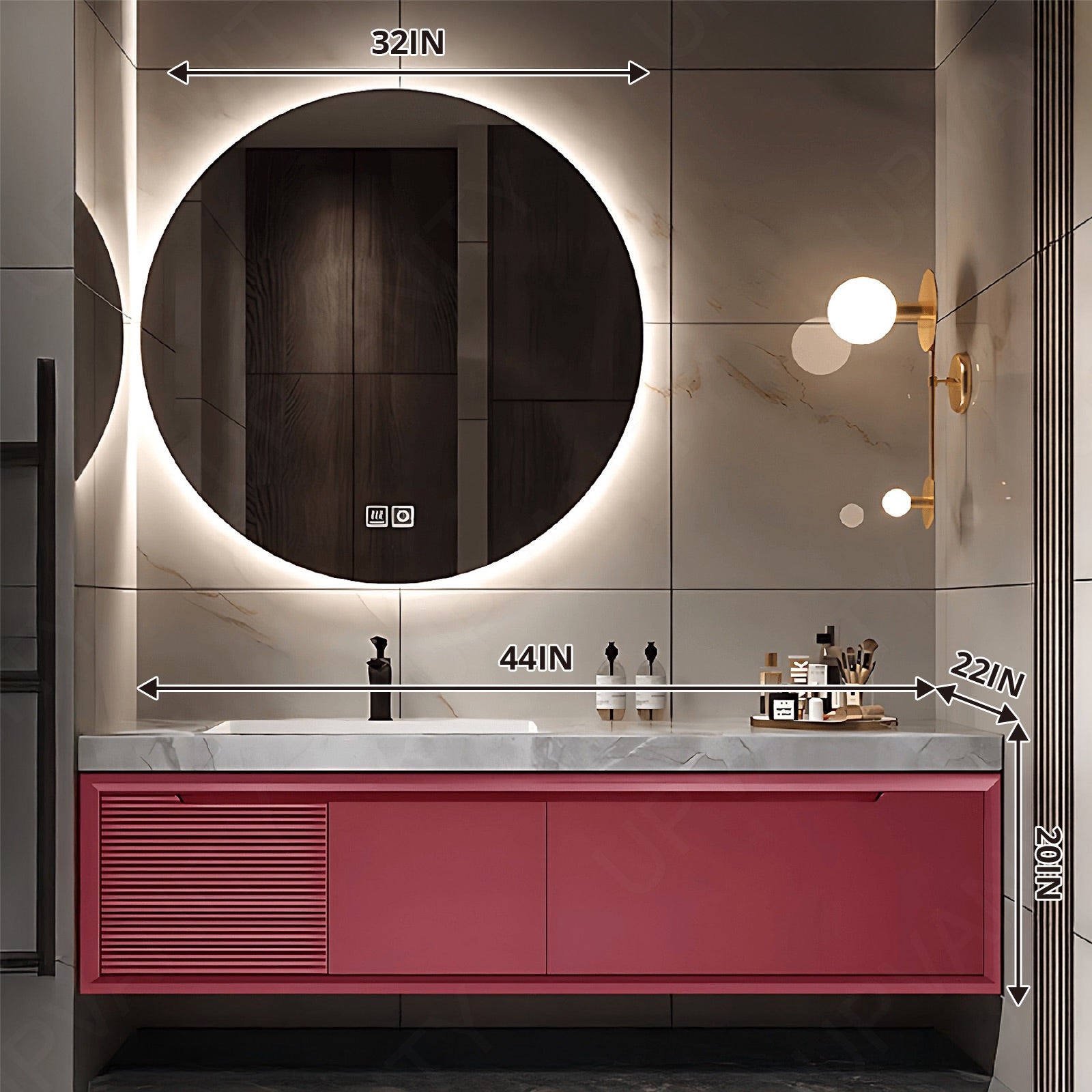 Elegant Bath Vanity Set, Pink, Striped Panel, 36"- 72", Single, Floating, Rounded Smart LED Mirror