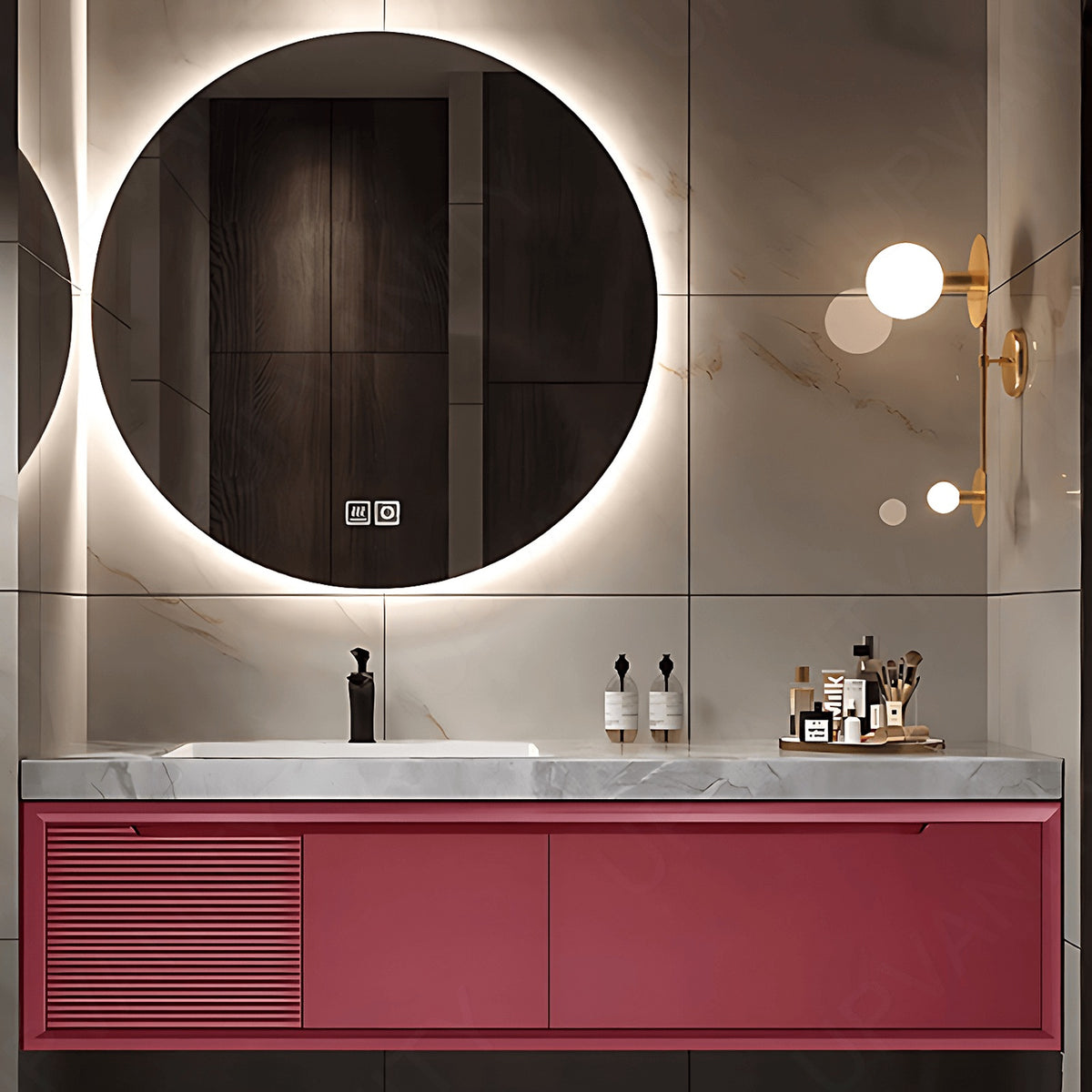 Elegant Bath Vanity Set, Pink, Striped Panel, 36"- 72", Single, Floating, Rounded Smart LED Mirror