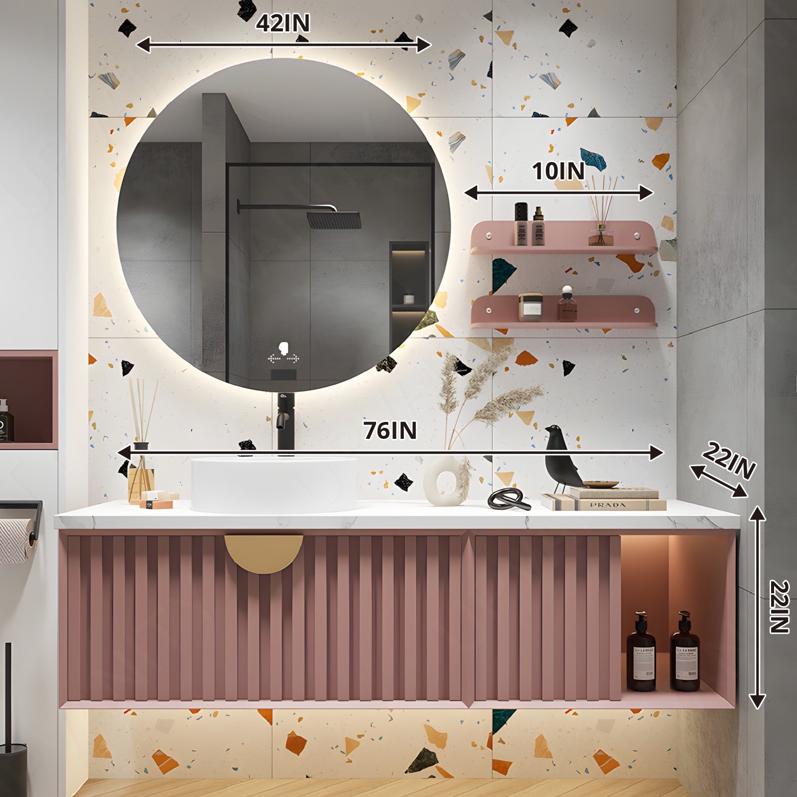 Elegant Bath Vanity Set, Pink, White Slate Top, 56"-78", Single Vessel Sink, Floating, Striped Panel, Round Smart LED Mirror