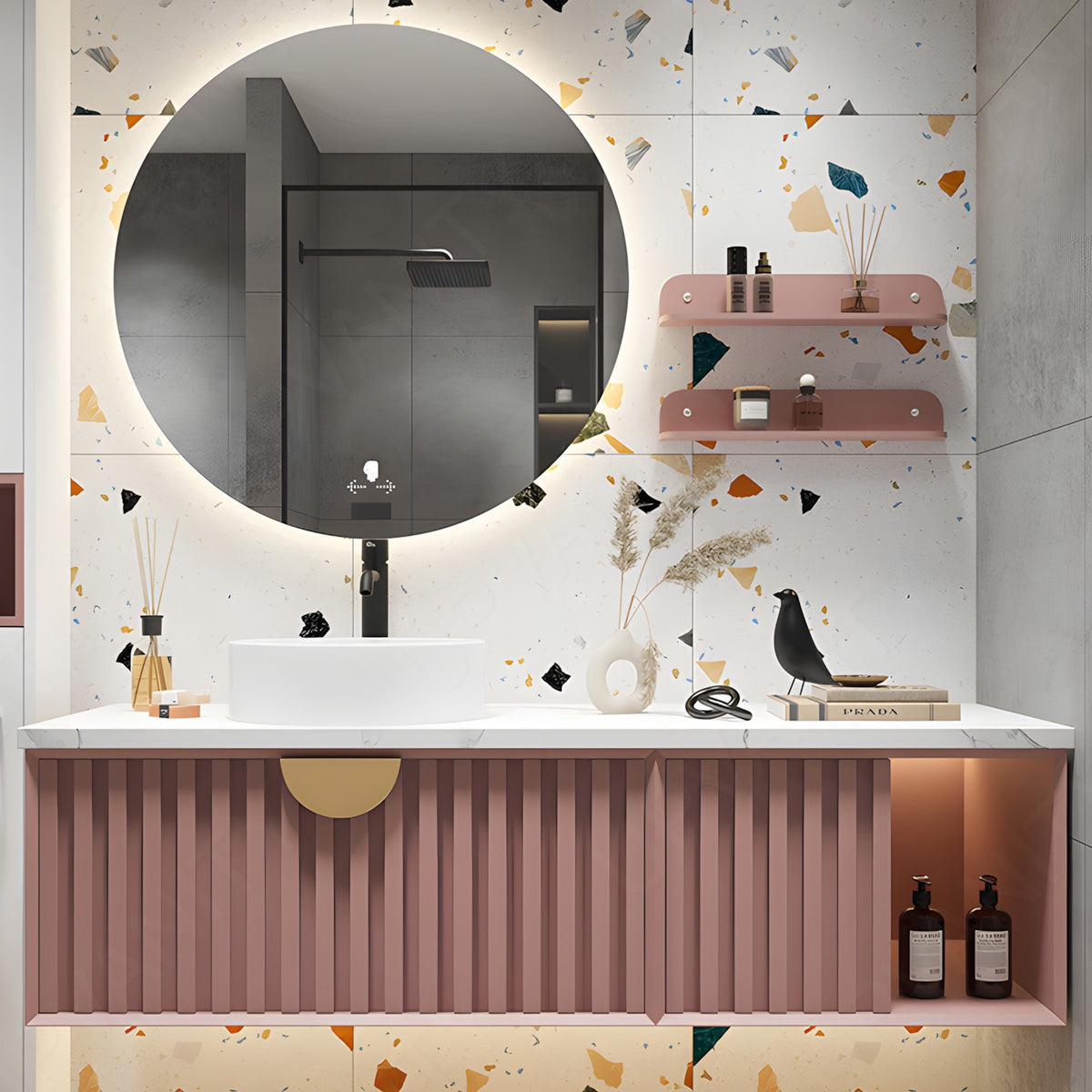 Elegant Bath Vanity Set, Pink, White Slate Top, 56"-78", Single Vessel Sink, Floating, Striped Panel, Round Smart LED Mirror