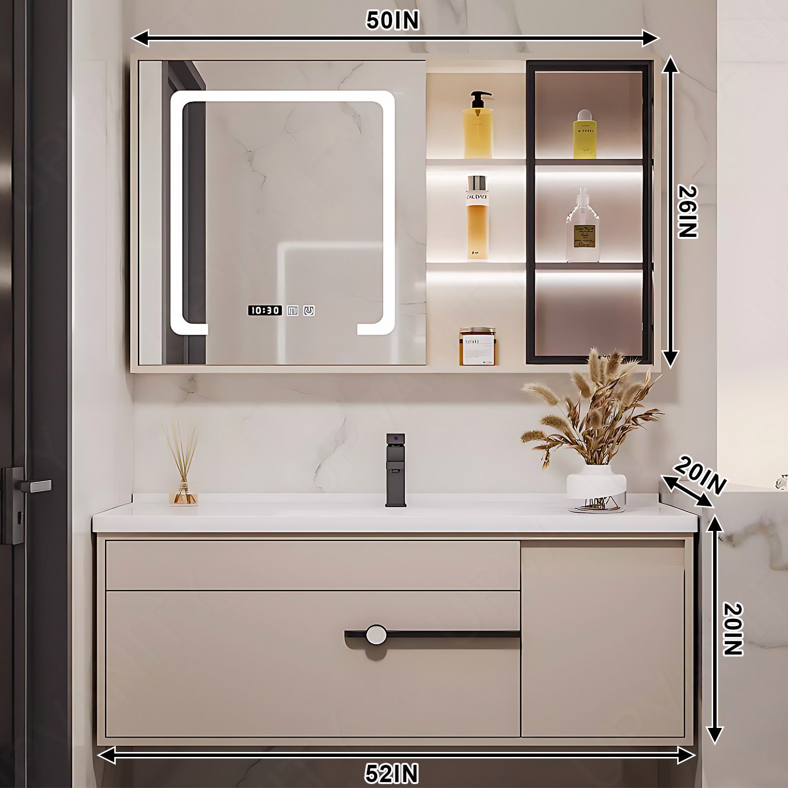 Elegant Bath Vanity Set, Pink, White Slate Top, Black Accents, Glass Door, 36"- 64", Single, Floating, Smart LED Mirror, Side and Rear Cabinet
