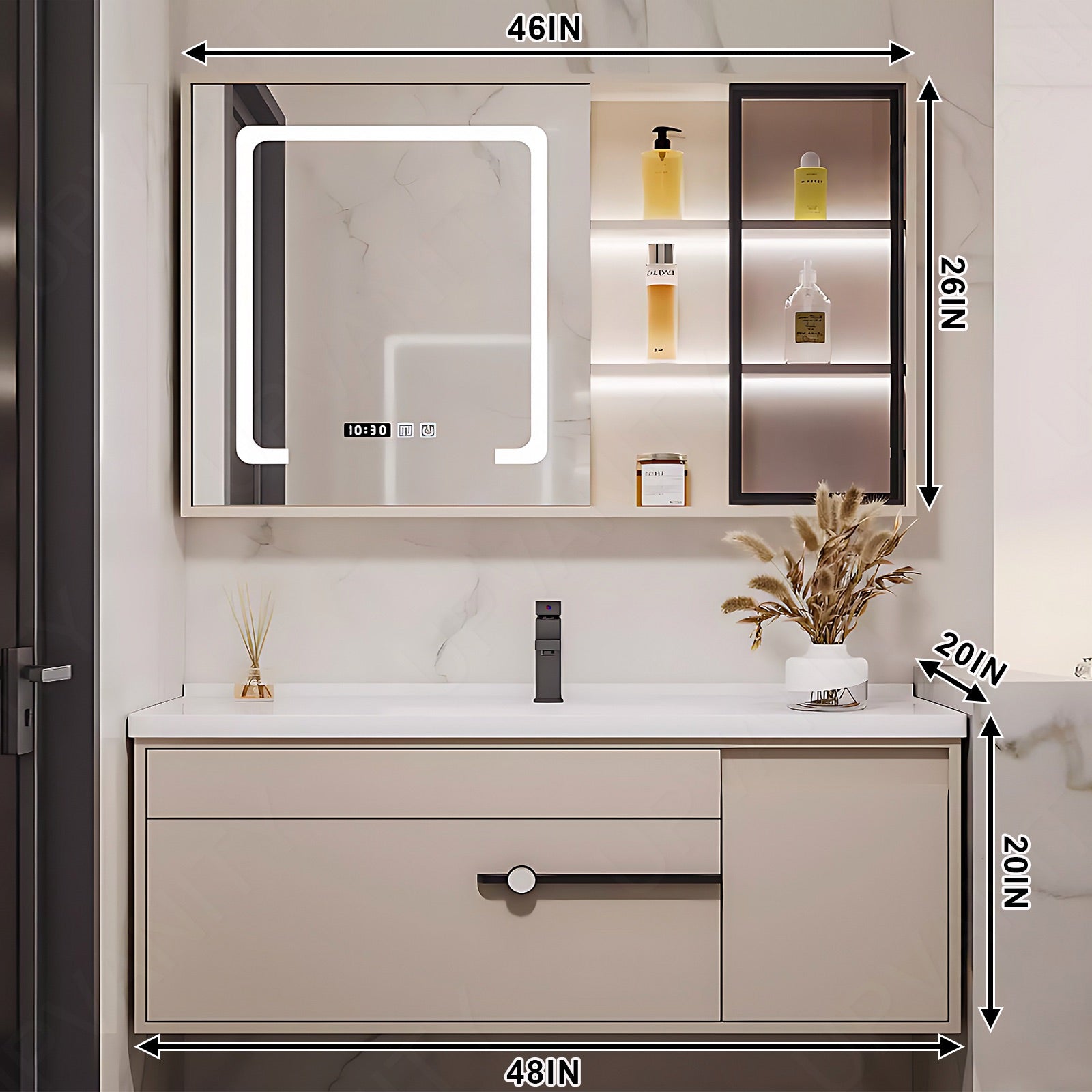 Elegant Bath Vanity Set, Pink, White Slate Top, Black Accents, Glass Door, 36"- 64", Single, Floating, Smart LED Mirror, Side and Rear Cabinet