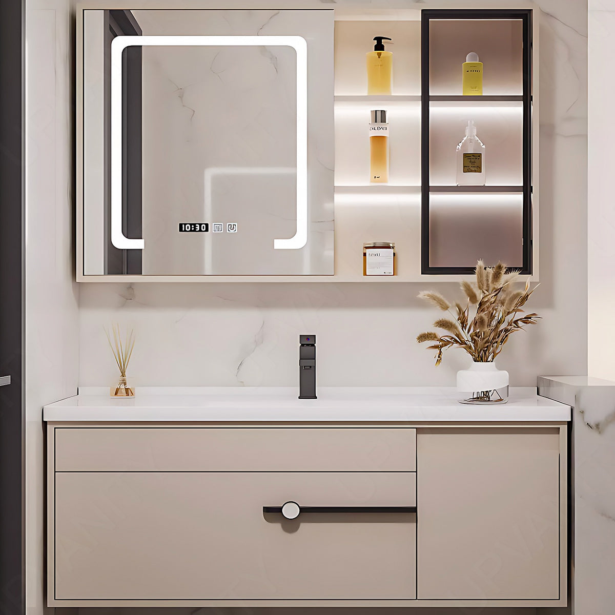 Elegant Bath Vanity Set, Pink, White Slate Top, Black Accents, Glass Door, 36"- 64", Single, Floating, Smart LED Mirror, Side and Rear Cabinet