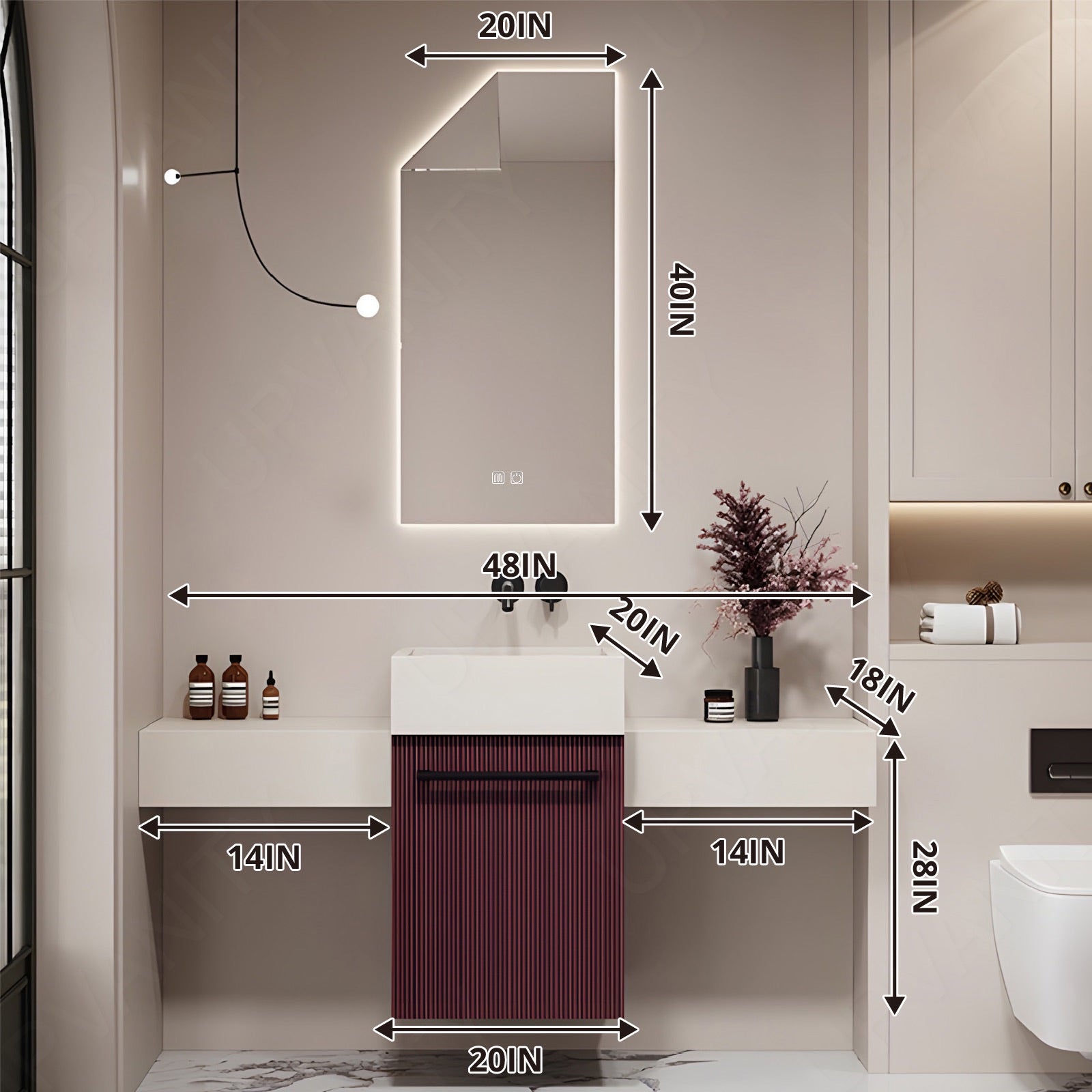 Elegant Bath Vanity Set, Red, Striped Panel, 36"- 60", Single, Floating, Smart LED Mirror, Towel Rack