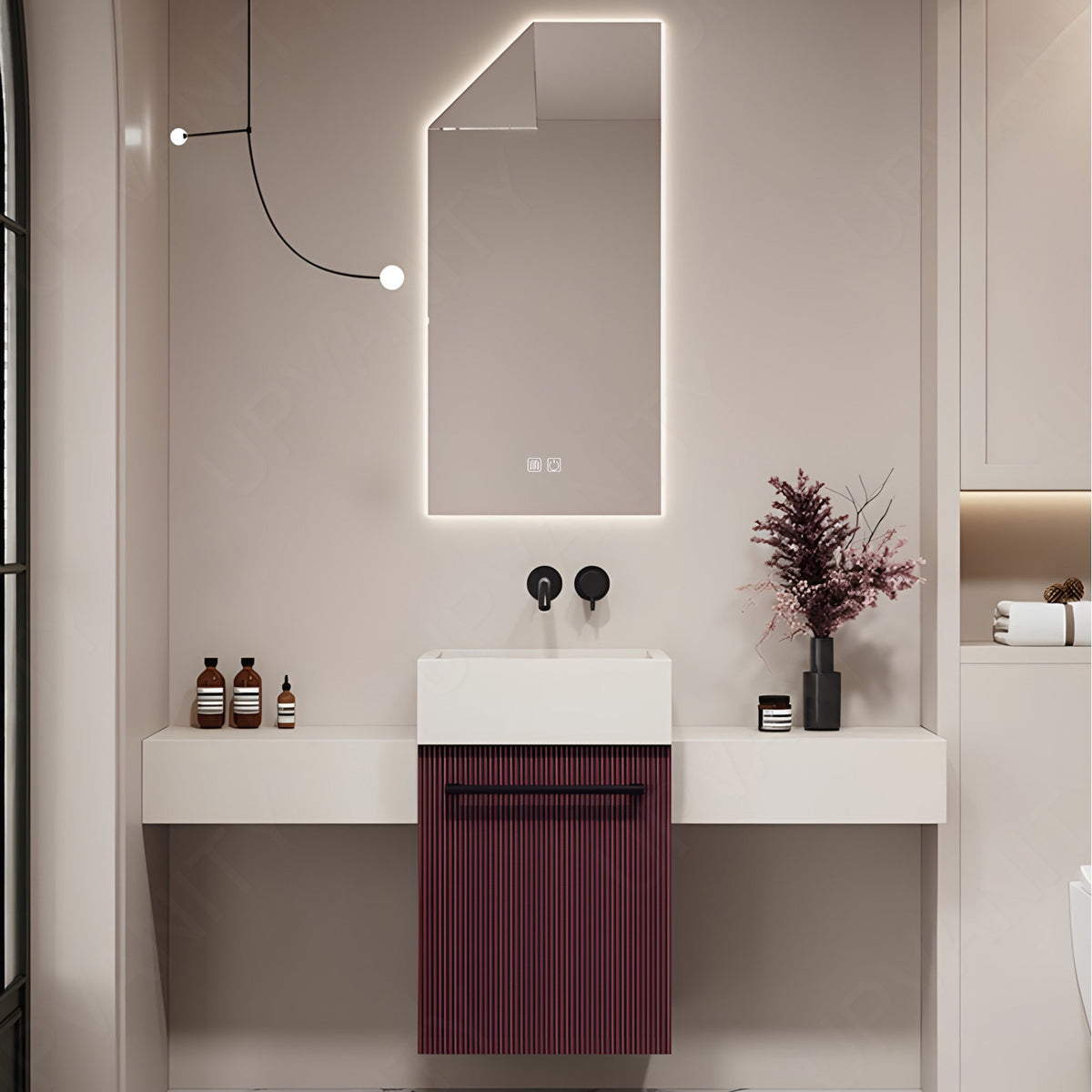Elegant Bath Vanity Set, Red, Striped Panel, 36"- 60", Single, Floating, Smart LED Mirror, Towel Rack