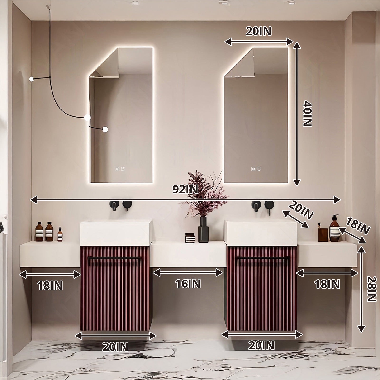 Elegant Bath Vanity Set, Red, Striped Panel, 64"- 104", Double, Floating, Smart LED Mirror, Towel Rack