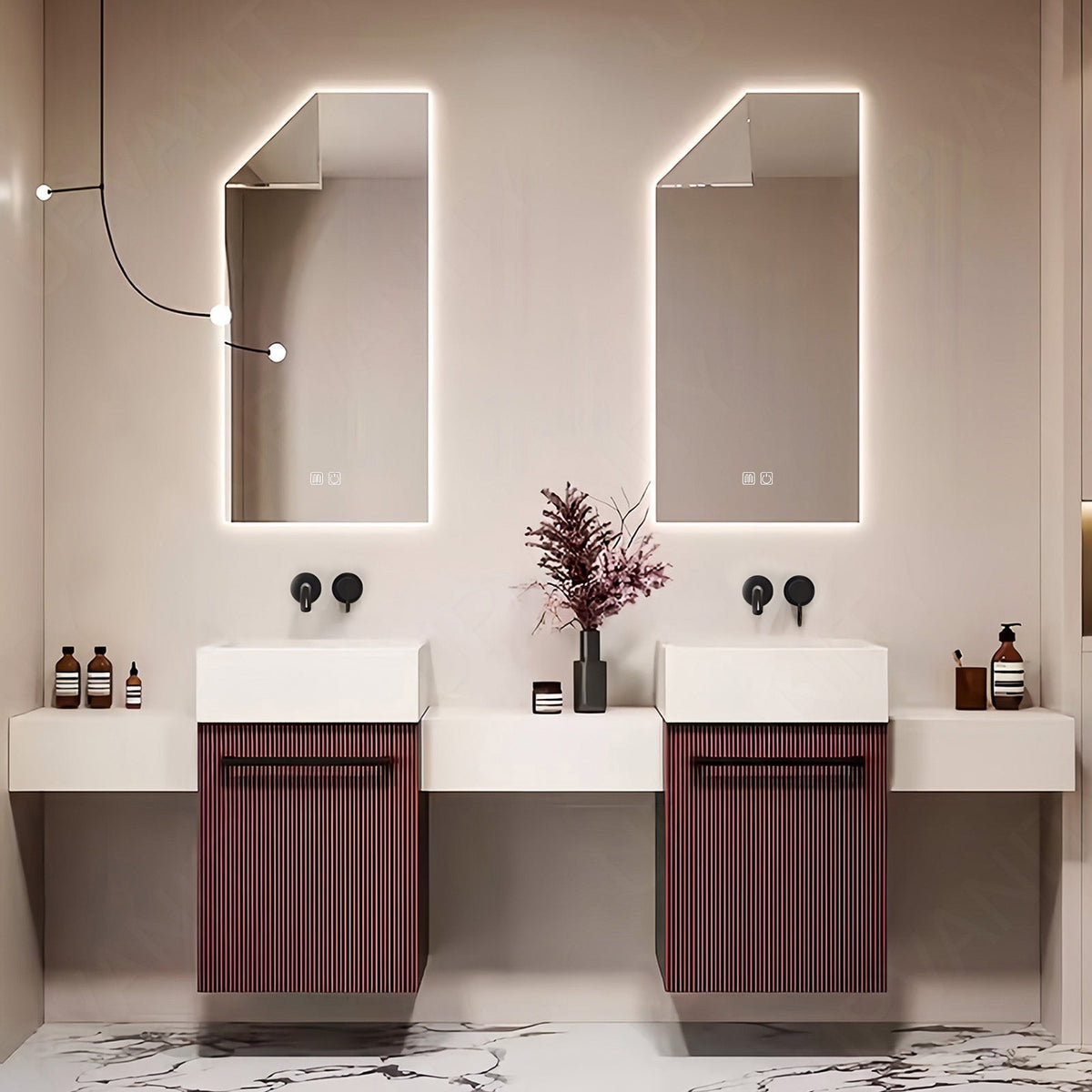 Elegant Bath Vanity Set, Red, Striped Panel, 64"- 104", Double, Floating, Smart LED Mirror, Towel Rack