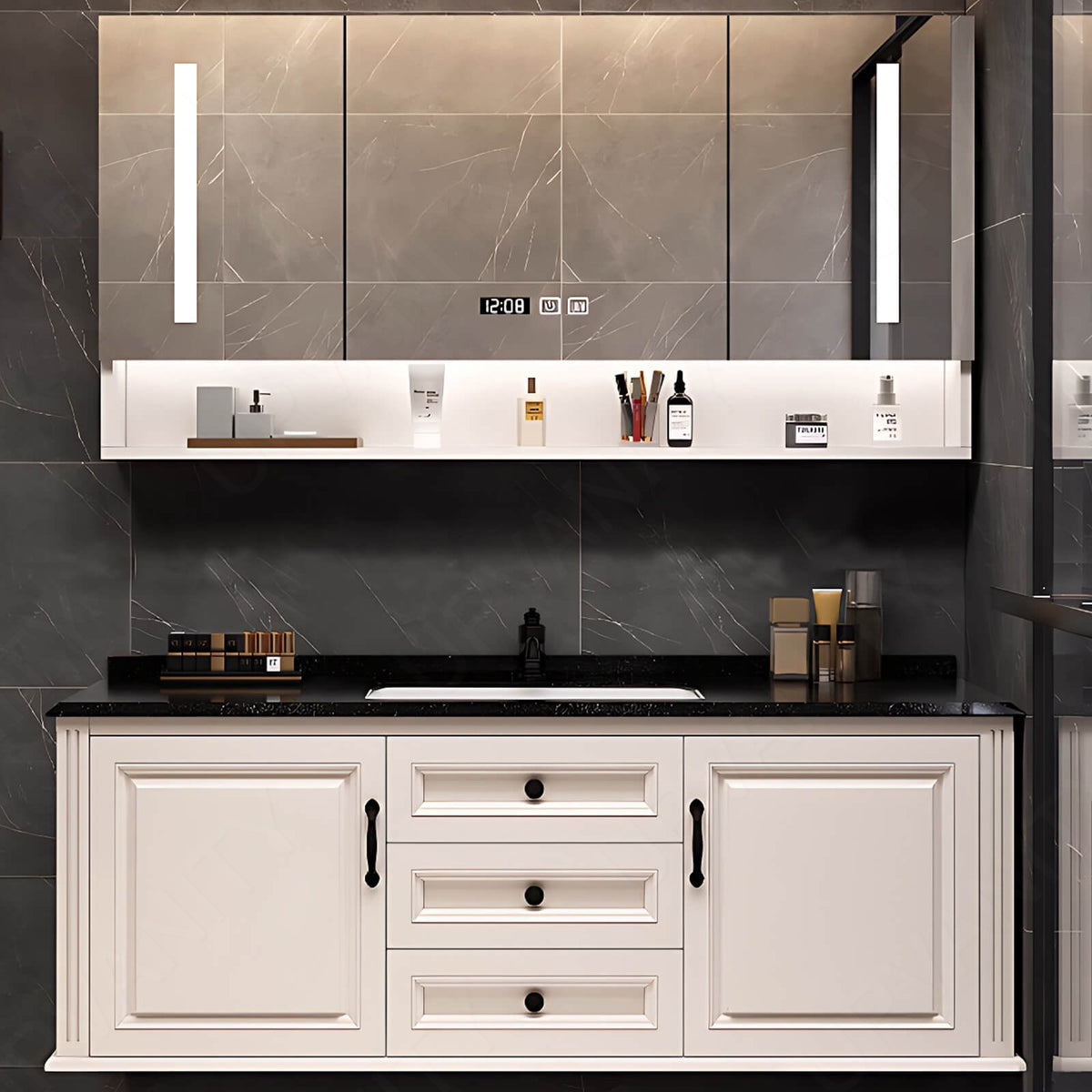 Elegant Bath Vanity Set, White, Black Accents, 48"- 72", Single, Floating, Smart LED Mirror, Rear Cabinet