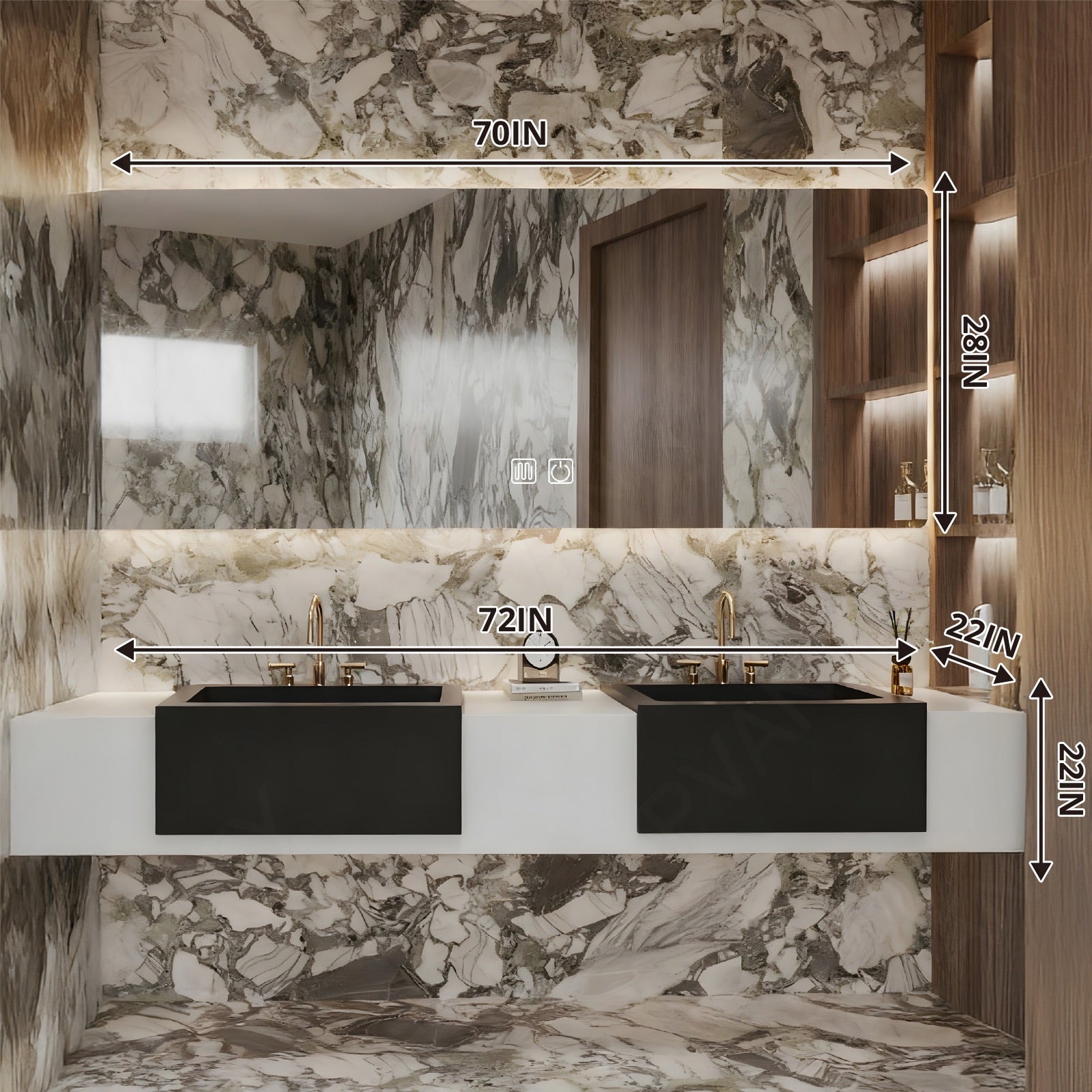 Elegant Bath Vanity Set, White, Black Accents, 56"-78", Double, Floating, Smart LED Mirror