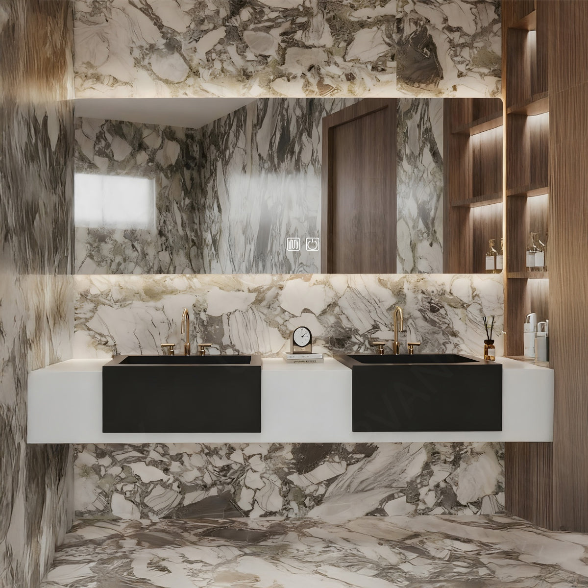 Elegant Bath Vanity Set, White, Black Accents, 56"-78", Double, Floating, Smart LED Mirror