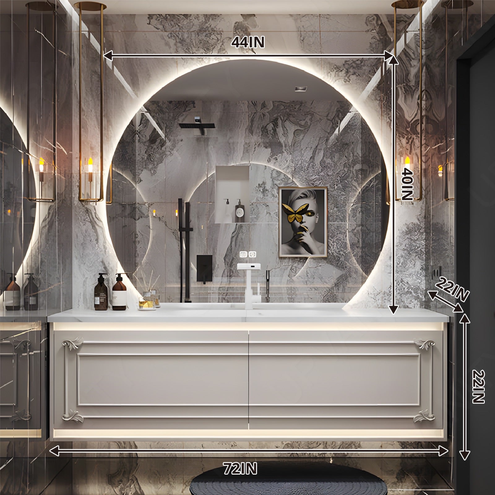 Elegant Bath Vanity Set, White, Classic Panel, 32"- 72", Single, Floating, Sensor Light, Round Smart LED Mirror