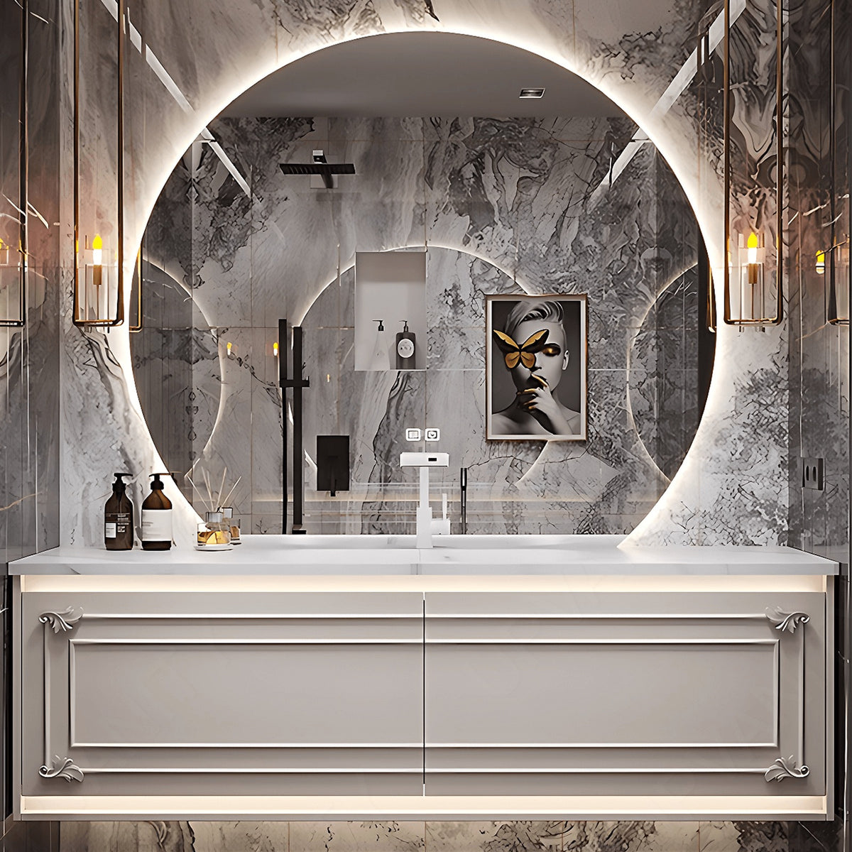 Elegant Bath Vanity Set, White, Classic Panel, 32"- 72", Single, Floating, Sensor Light, Round Smart LED Mirror
