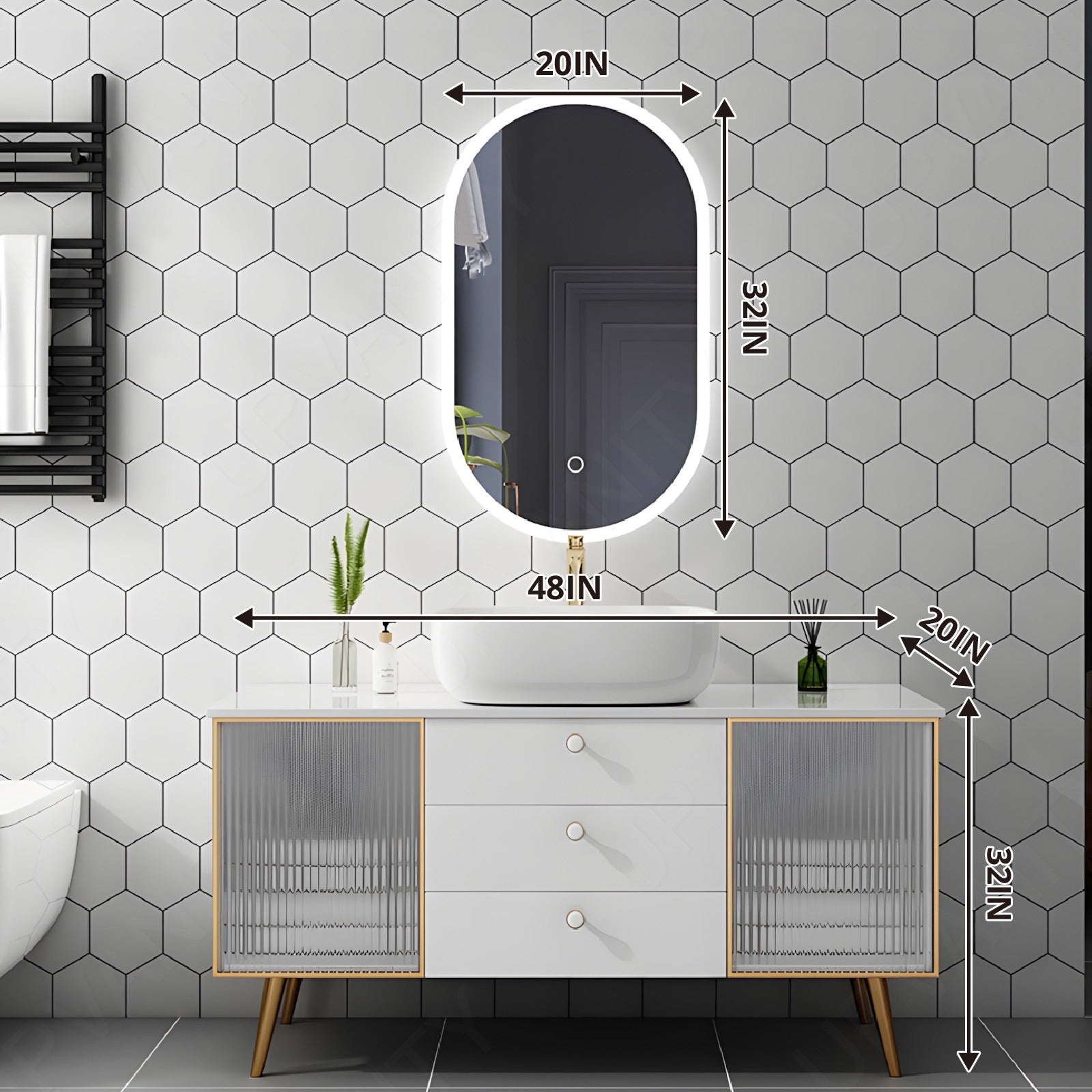 Elegant Bath Vanity Set, White, Gold Accents, 32"-64", Single Vessel Sink, Freestanding, Glass Door, Oval Smart LED Mirror