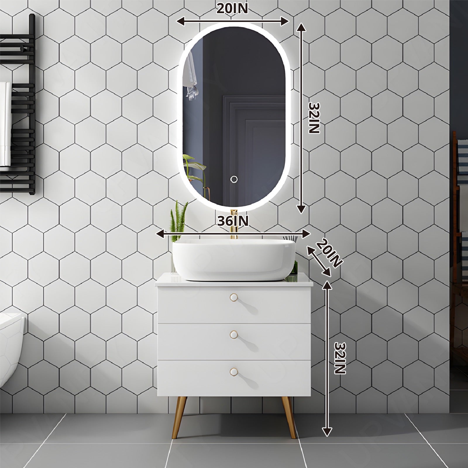 Elegant Bath Vanity Set, White, Gold Accents, 32"-64", Single Vessel Sink, Freestanding, Glass Door, Oval Smart LED Mirror