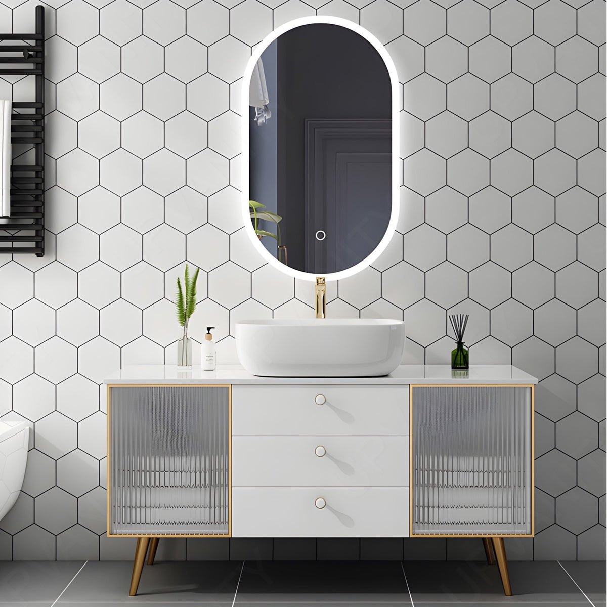 Elegant Bath Vanity Set, White, Gold Accents, 32"-64", Single Vessel Sink, Freestanding, Glass Door, Oval Smart LED Mirror