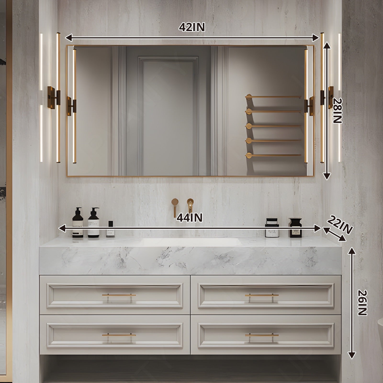 Elegant Bath Vanity Set, White, Gold Accents, 40"- 64", Single, Floating, Classic Panel, Smart LED Mirror