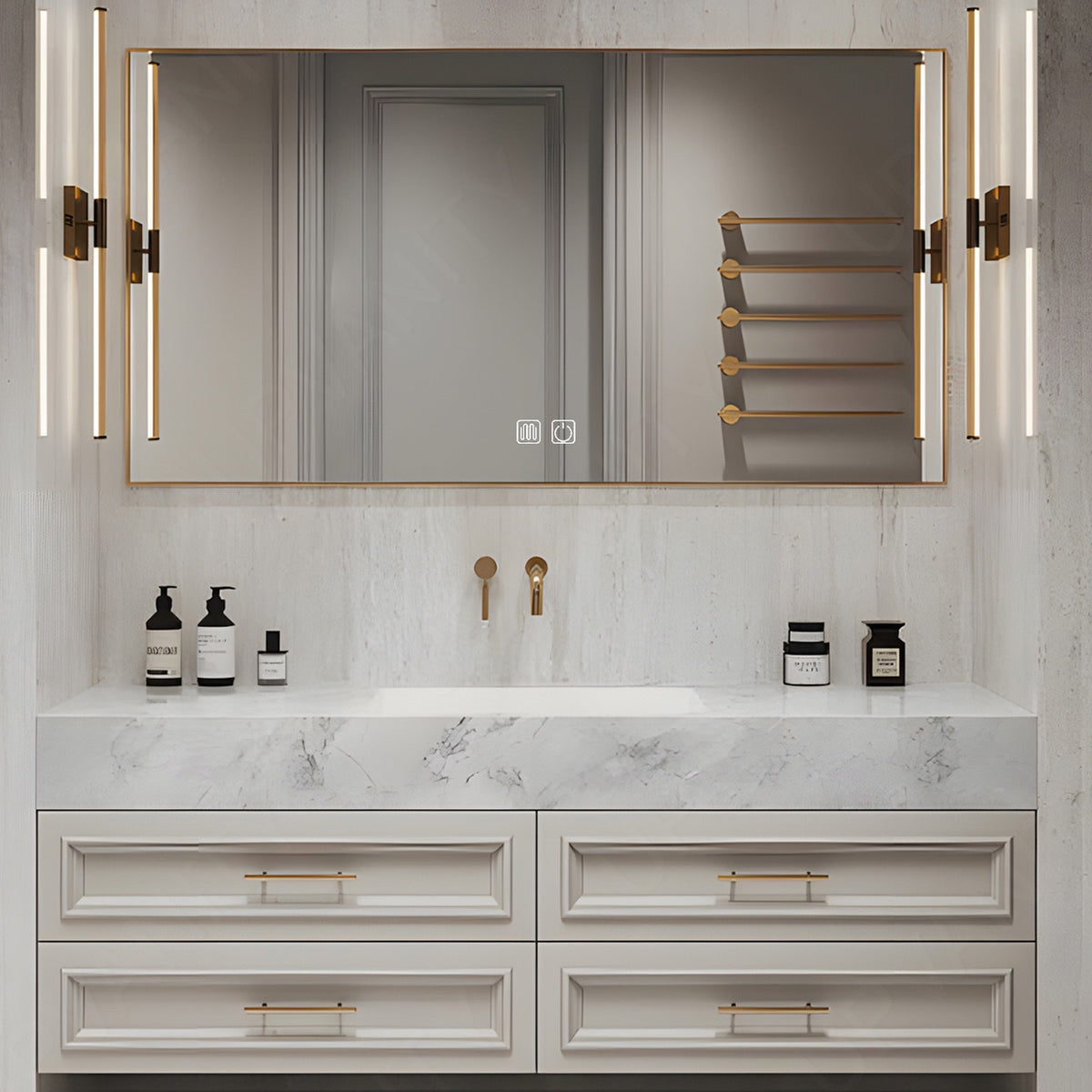Elegant Bath Vanity Set, White, Gold Accents, 40"- 64", Single, Floating, Classic Panel, Smart LED Mirror