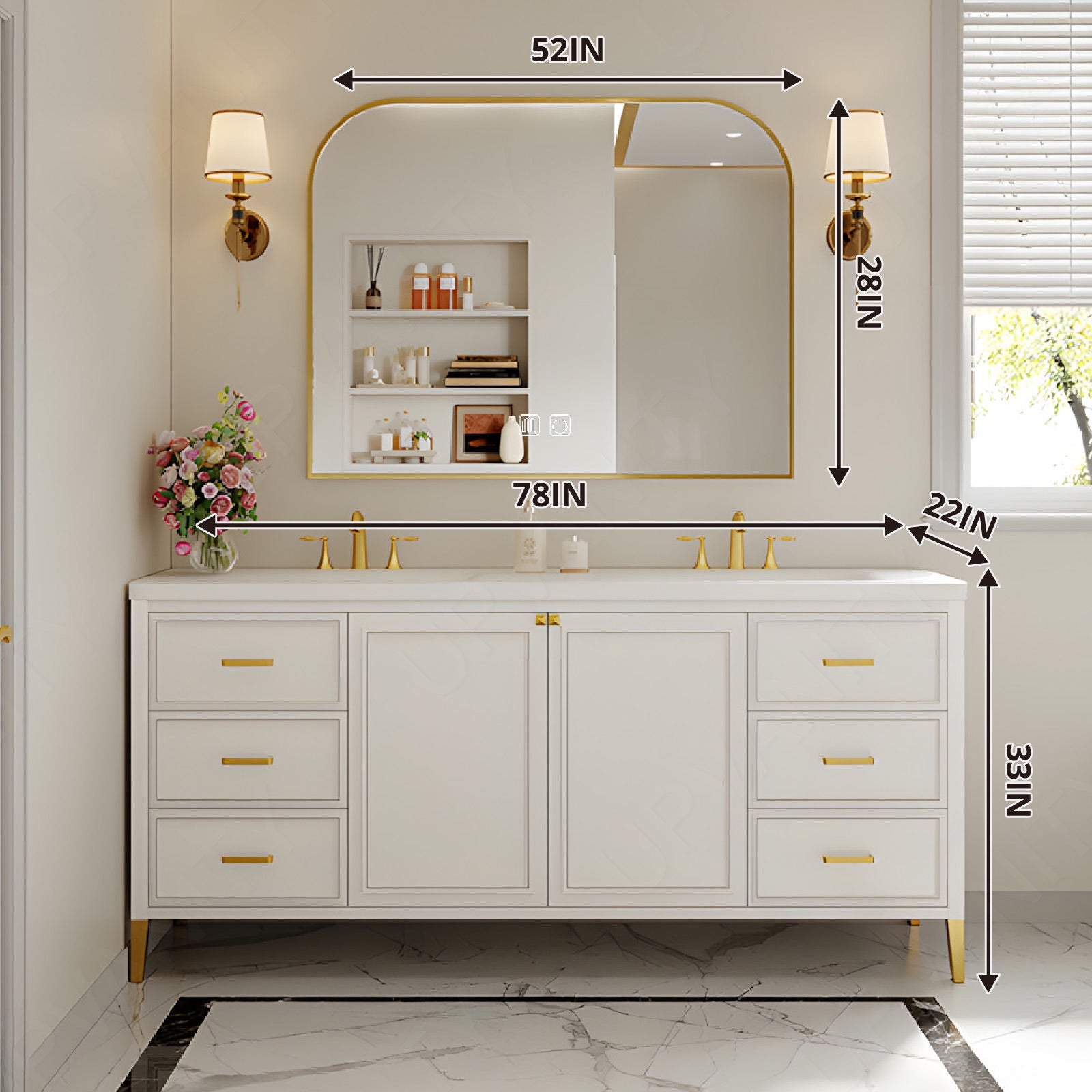 Elegant Bath Vanity Set, White, Gold Accents, 48"-78", Double, Freestanding, Smart LED Mirror