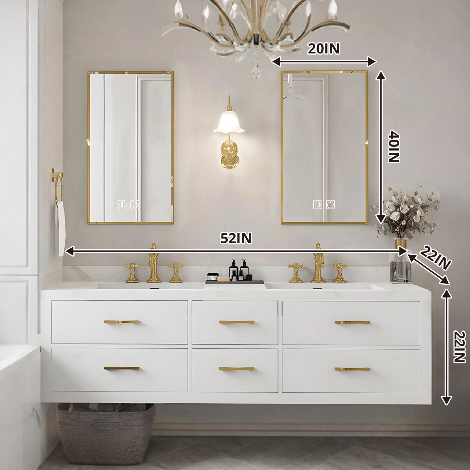 Elegant Bath Vanity Set, White, Gold Accents, 52"-78", Double, Floating, Sectional Storage, Dual Smart LED Mirror