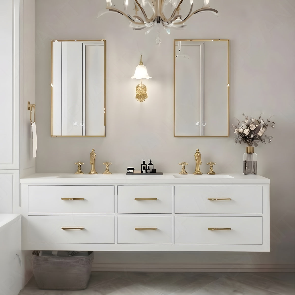 Elegant Bath Vanity Set, White, Gold Accents, 52"-78", Double, Floating, Sectional Storage, Dual Smart LED Mirror