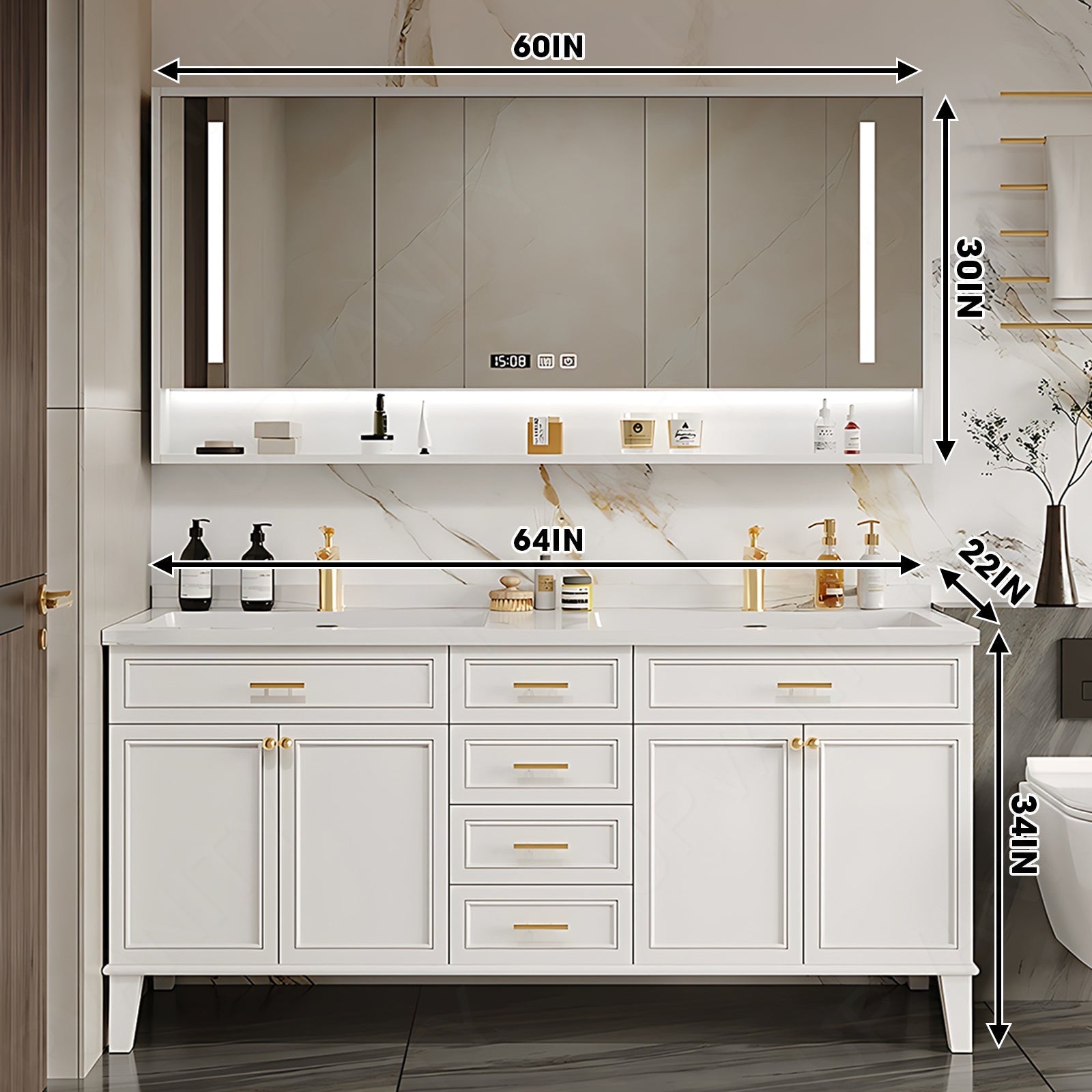 Elegant Bath Vanity Set, White, Gold Accents, 52"- 78", Double, Freestanding, Smart LED Mirror, Rear Cabinet