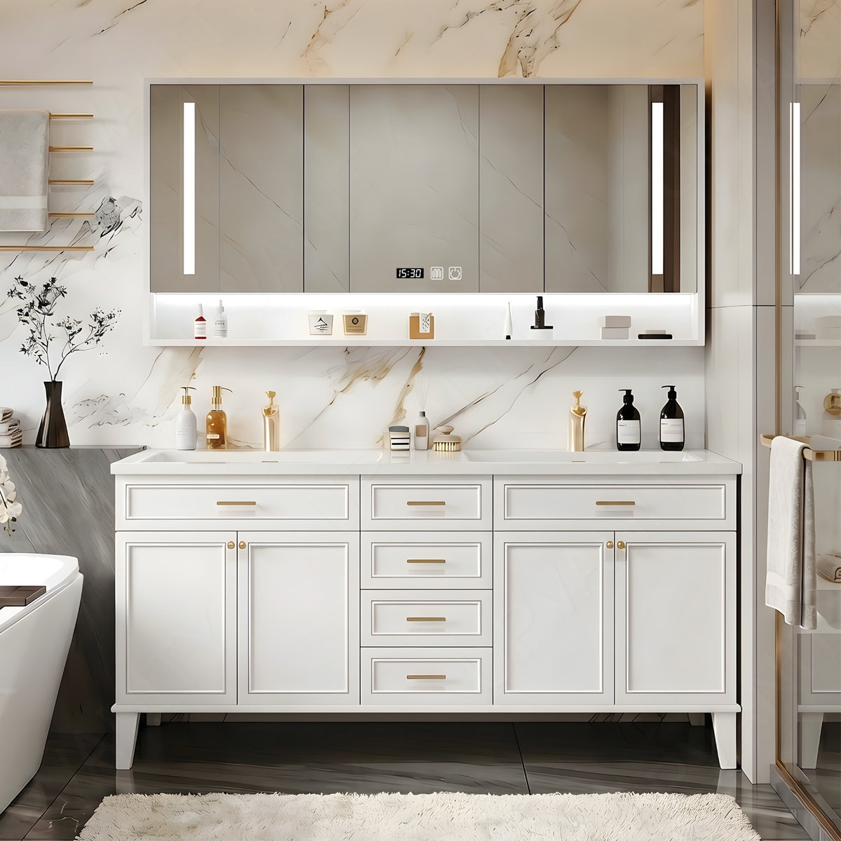 Elegant Bath Vanity Set, White, Gold Accents, 52"- 78", Double, Freestanding, Smart LED Mirror, Rear Cabinet
