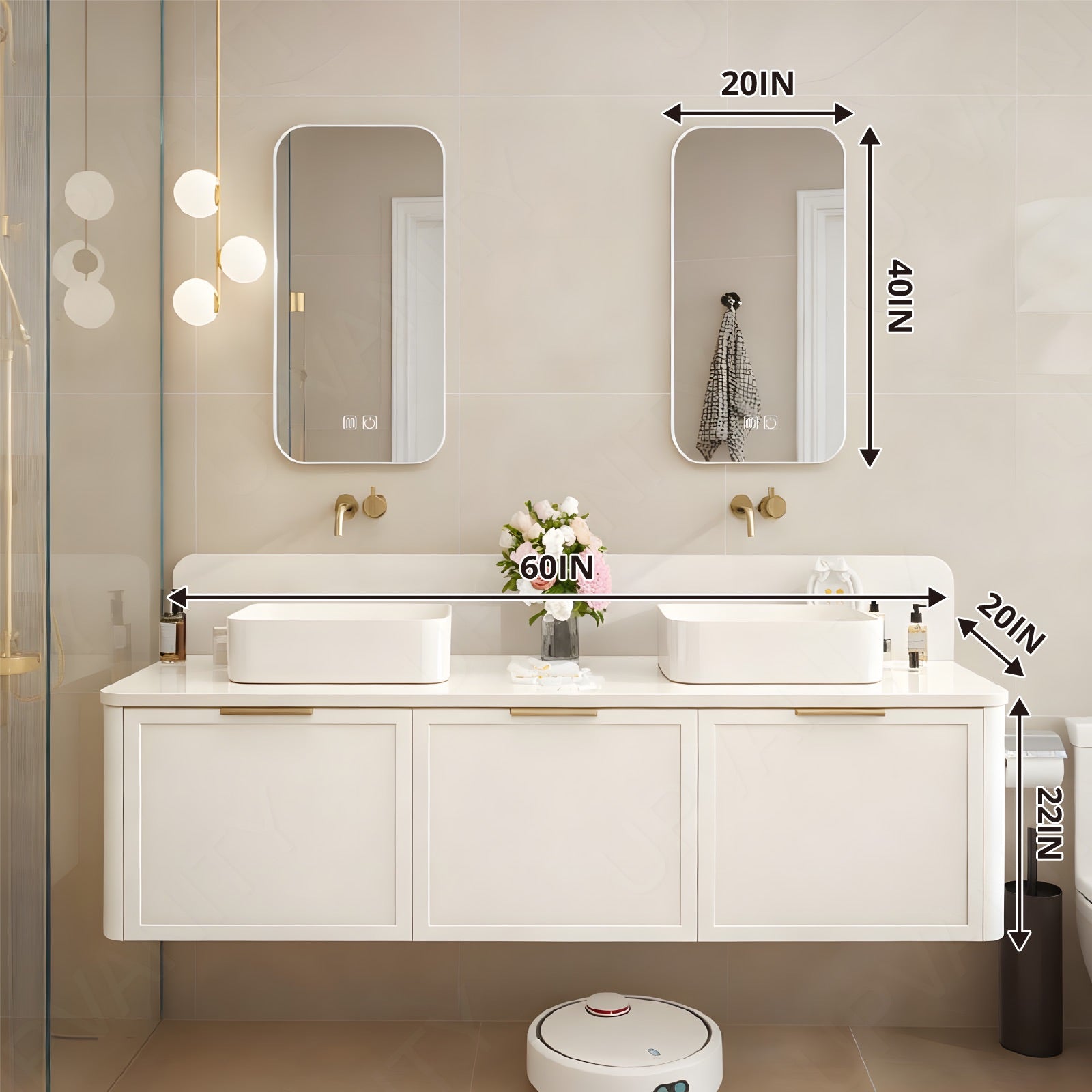 Elegant Bath Vanity Set, White, Gold Accents, 56"-78", Double Vessel Sink, Floating, Smart LED Mirror