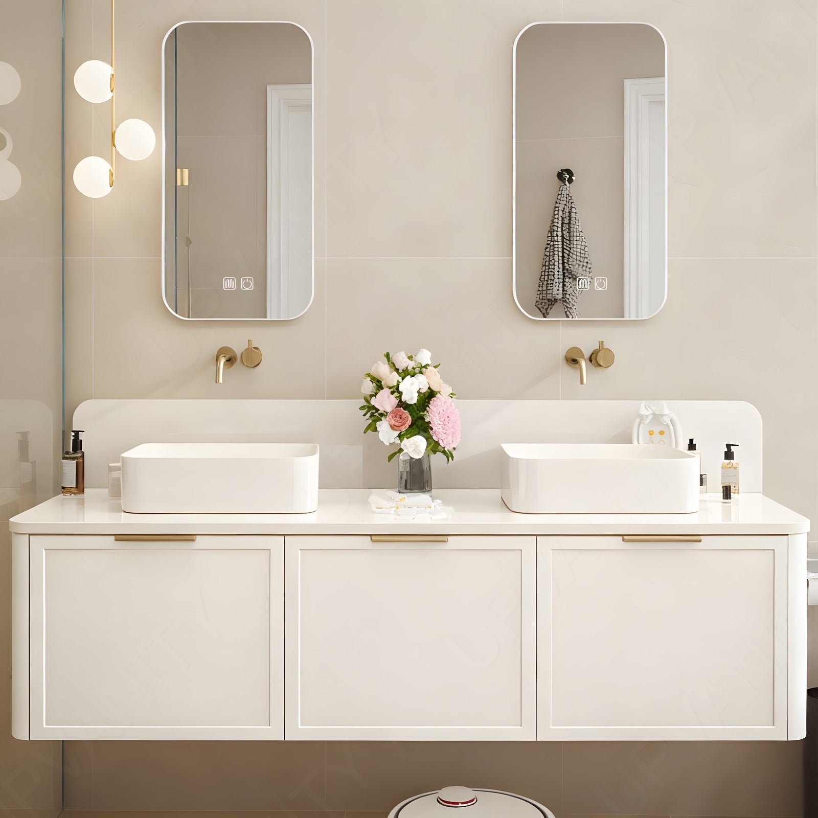 Elegant Bath Vanity Set, White, Gold Accents, 56"-78", Double Vessel Sink, Floating, Smart LED Mirror